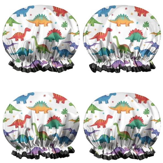 Shower Caps,White Cartoon Dinosaurs Stars Pattern Waterproof Shower Cap for Women 4 Pieces,Double Reusable Hair Cover for Shower PEVA Elastic Stretch Hem