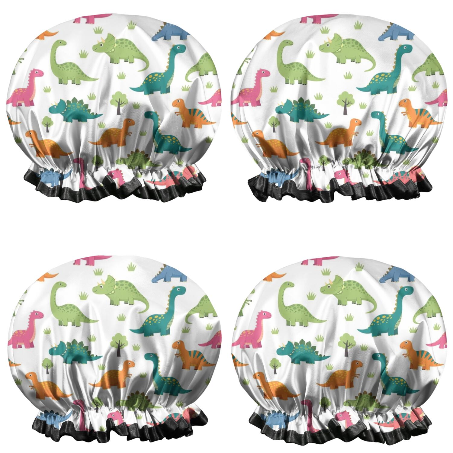Shower Caps,White Cartoon Dinosaurs Trees Pattern Waterproof Shower Cap for Women 4 Pieces,Double Reusable Hair Cover for Shower PEVA Elastic Stretch Hem