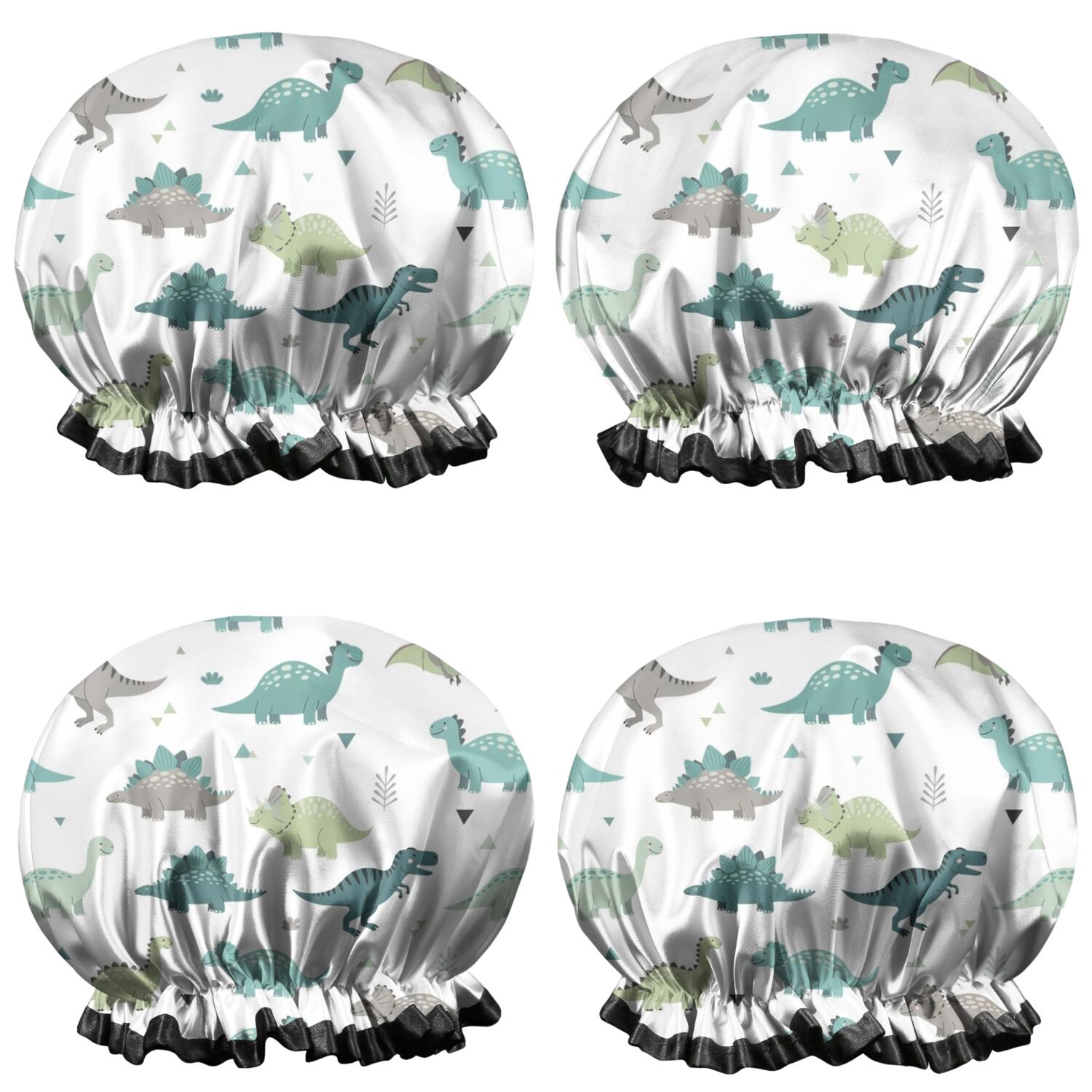 Shower Caps,White Cartoon Dinosaurs Triangles Plants Pattern Waterproof Shower Cap for Women 4 Pieces,Double Reusable Hair Cover for Shower PEVA Elastic Stretch Hem