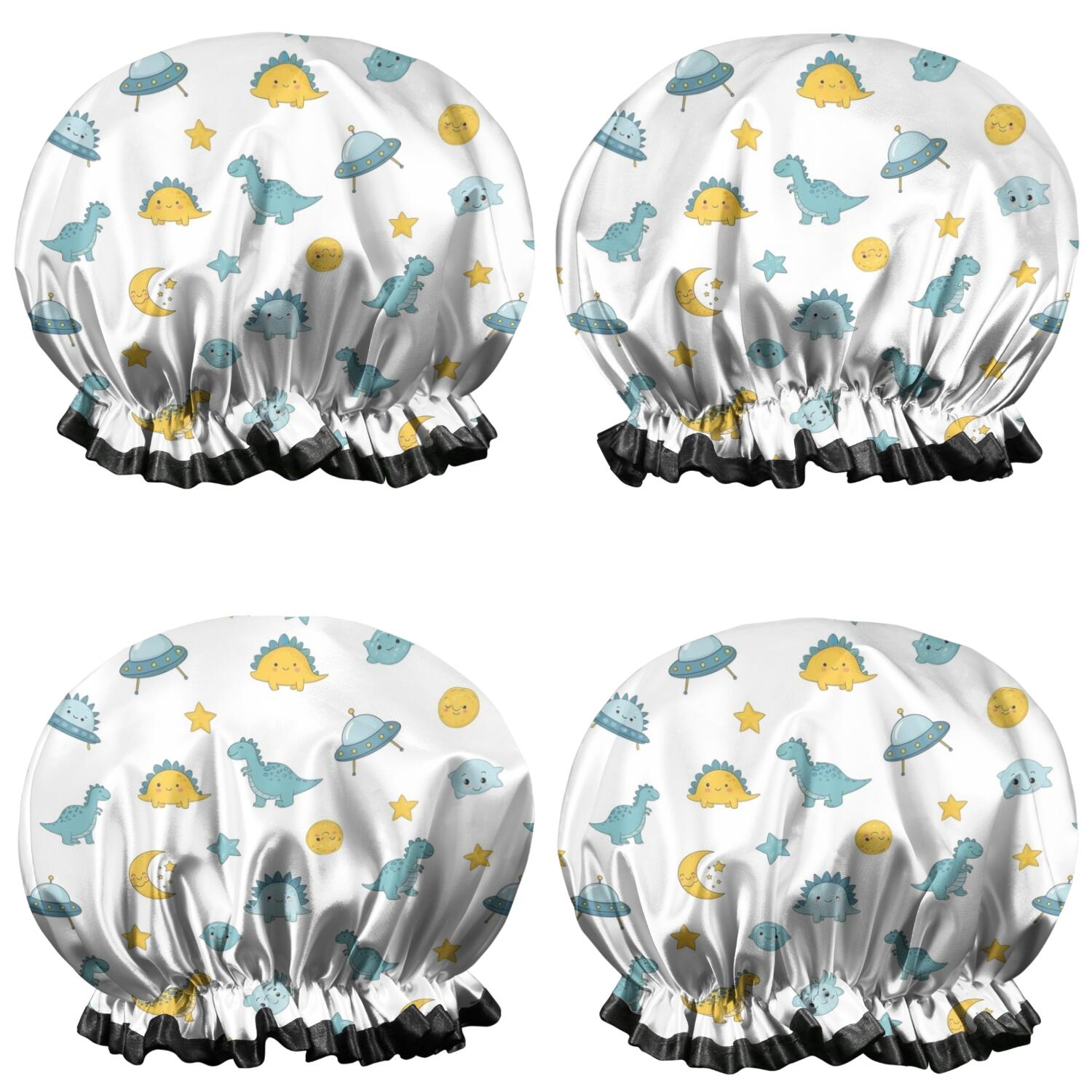 Shower Caps,White Cartoon Dinosaurs UFOs Stars Pattern Waterproof Shower Cap for Women 4 Pieces,Double Reusable Hair Cover for Shower PEVA Elastic Stretch Hem