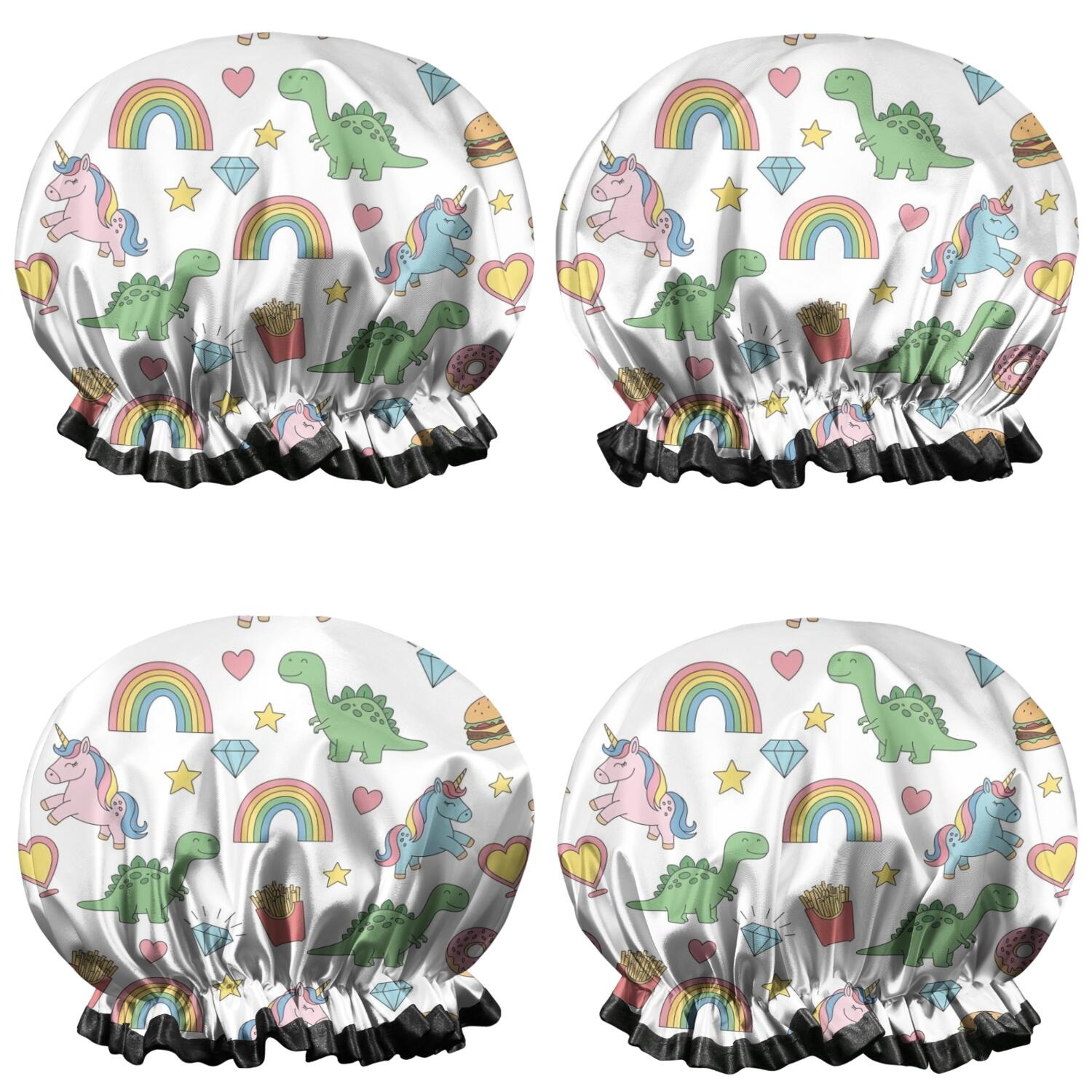 Shower Caps,White Cartoon Dinosaurs Unicorns Pattern Waterproof Shower Cap for Women 4 Pieces,Double Reusable Hair Cover for Shower PEVA Elastic Stretch Hem