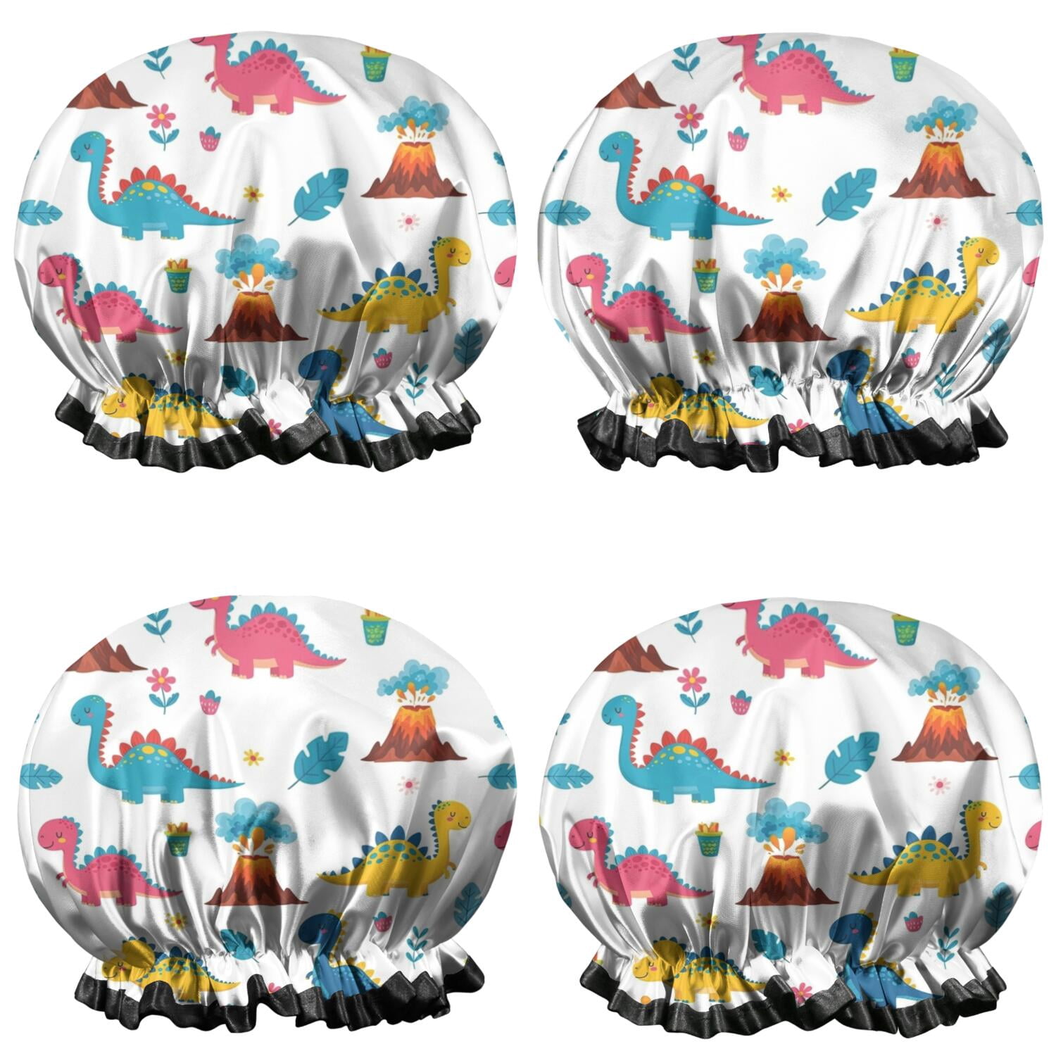 Shower Caps,White Cartoon Dinosaurs Volcanoes Pattern Waterproof Shower Cap for Women 4 Pieces,Double Reusable Hair Cover for Shower PEVA Elastic Stretch Hem