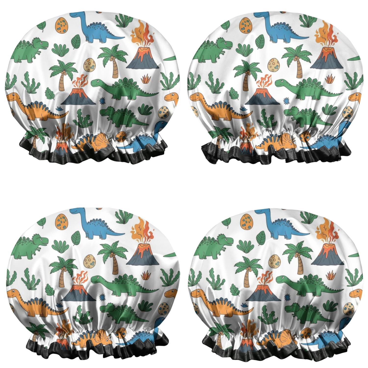 Shower Caps,White Cartoon Dinosaurs Volcanoes Pattern Waterproof Shower Cap for Women 4 Pieces,Double Reusable Hair Cover for Shower PEVA Elastic Stretch Hem