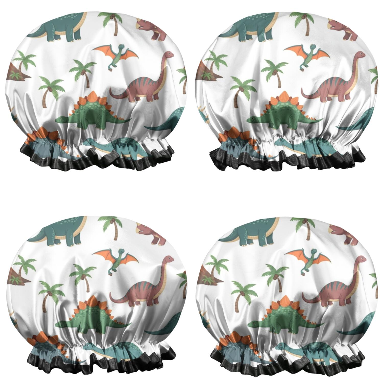 Shower Caps,White Cartoon Dinosaurs Volcanoes Pattern Waterproof Shower Cap for Women 4 Pieces,Double Reusable Hair Cover for Shower PEVA Elastic Stretch Hem
