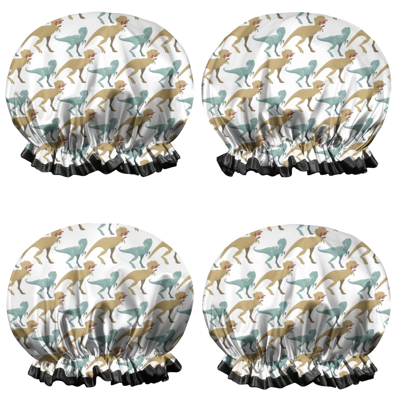 Shower Caps,White Cartoon Dinosaurs Waterproof Shower Cap for Women 4 Pieces,Double Reusable Hair Cover for Shower PEVA Elastic Stretch Hem