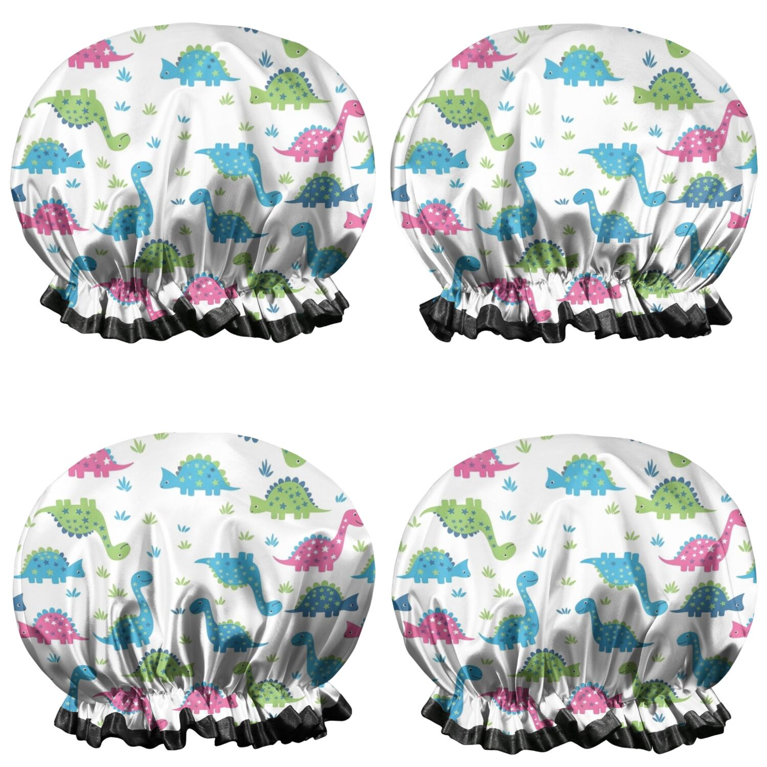 Shower Caps,White Cartoon Dinosaurs Waterproof Shower Cap for Women 4 Pieces,Double Reusable Hair Cover for Shower PEVA Elastic Stretch Hem