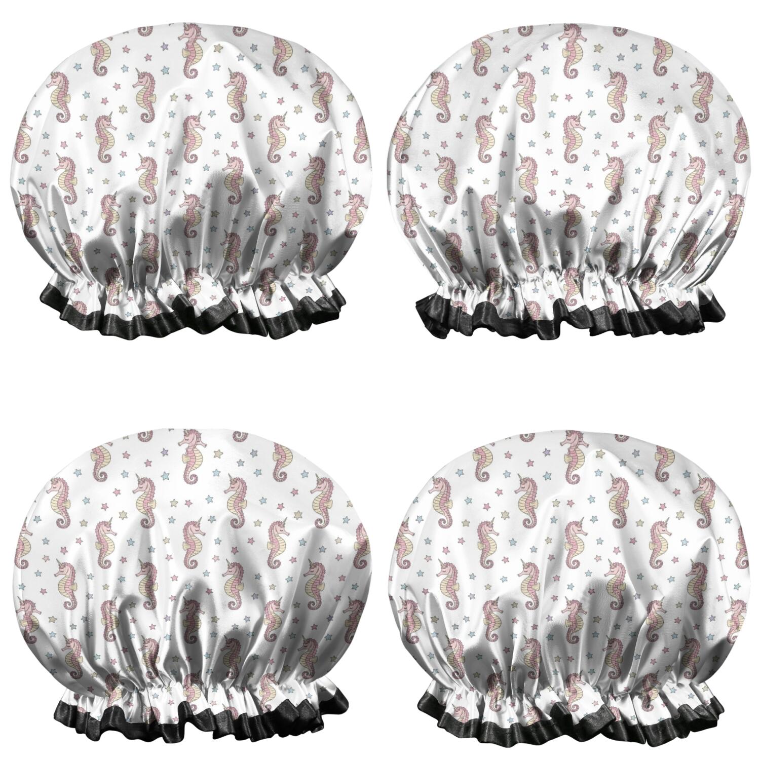 Shower Caps,White Cartoon Seahorse Star Pattern Waterproof Shower Cap for Women 4 Pieces,Double Reusable Hair Cover for Shower PEVA Elastic Stretch Hem
