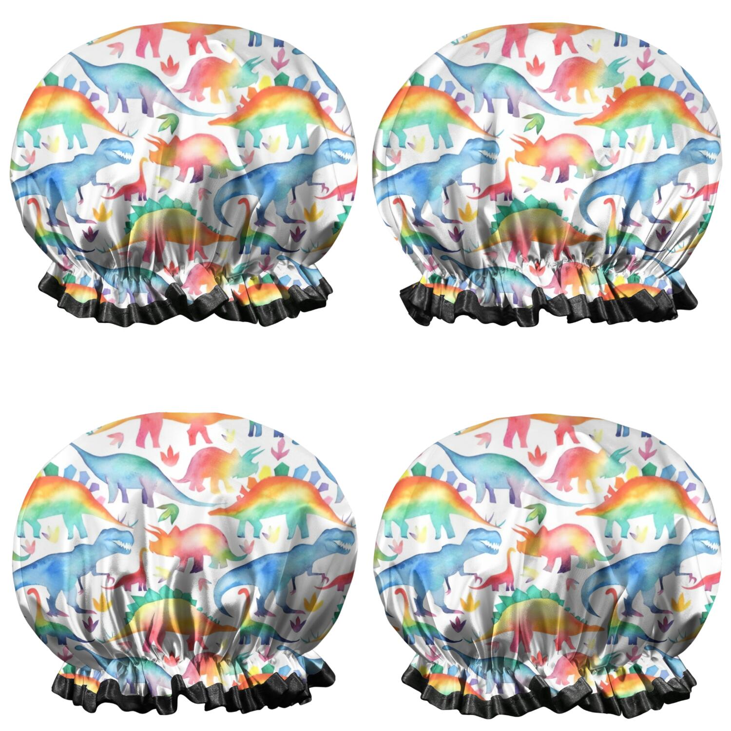 Shower Caps,White Cartoon Watercolor Dinosaurs Pattern Waterproof Shower Cap for Women 4 Pieces,Double Reusable Hair Cover for Shower PEVA Elastic Stretch Hem