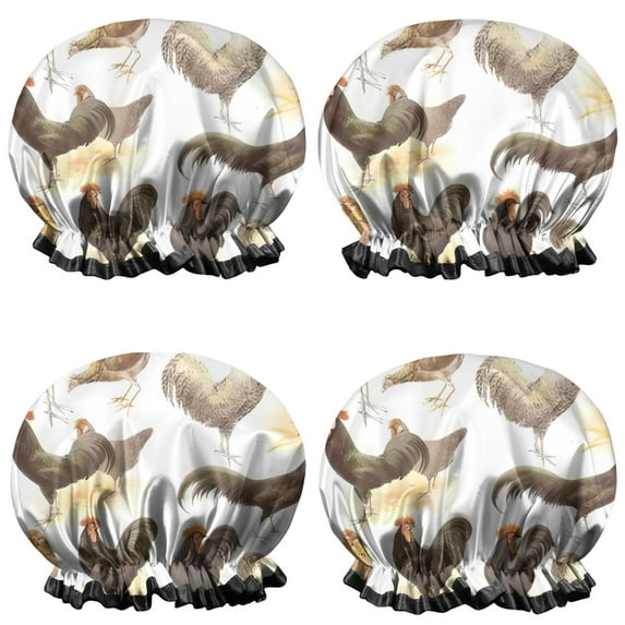 Shower Caps,White Chicken Breed Pattern Waterproof Shower Cap for Women 4 Pieces,Double Reusable Hair Cover for Shower PEVA Elastic Stretch Hem