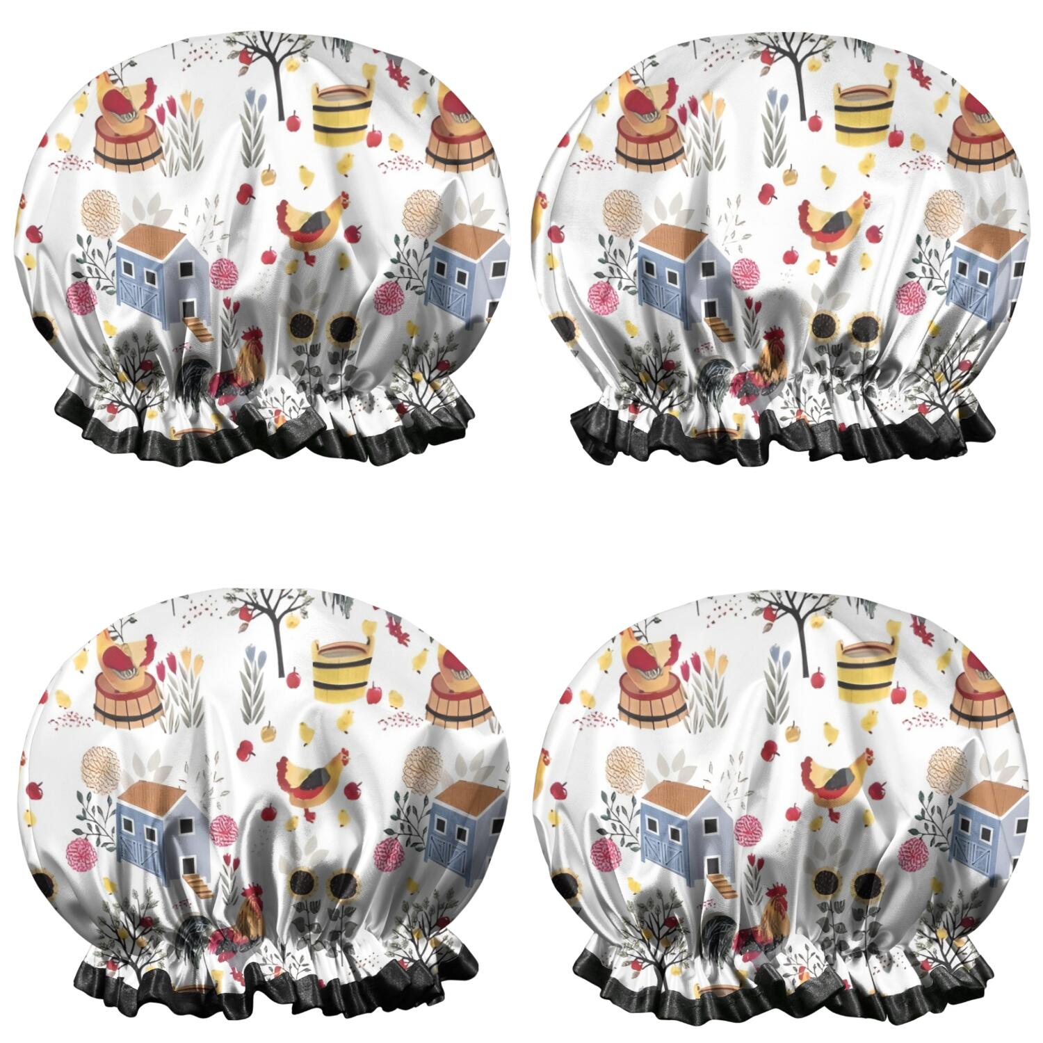 Shower Caps,White Chicken Farm Pattern Waterproof Shower Cap for Women 4 Pieces,Double Reusable Hair Cover for Shower PEVA Elastic Stretch Hem