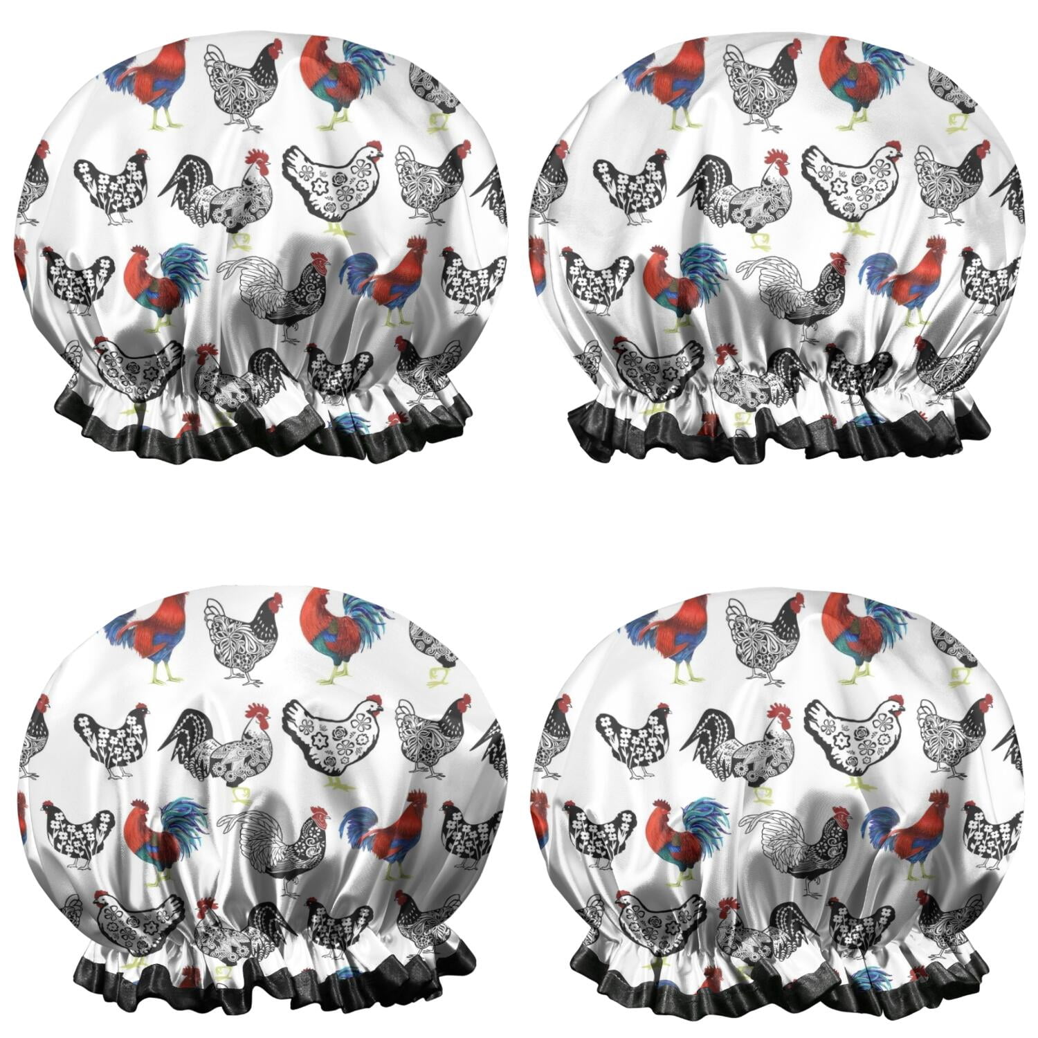 Shower Caps,White Chicken Folk Pattern Waterproof Shower Cap for Women 4 Pieces,Double Reusable Hair Cover for Shower PEVA Elastic Stretch Hem