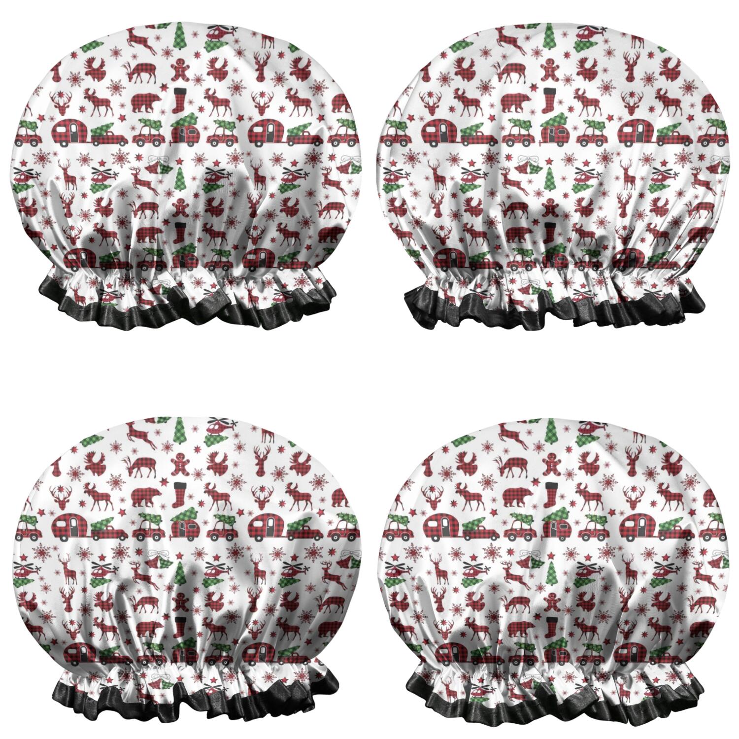 Shower Caps,White Christmas Animal and Car Pattern Waterproof Shower Cap for Women 4 Pieces,Double Reusable Hair Cover for Shower PEVA Elastic Stretch Hem