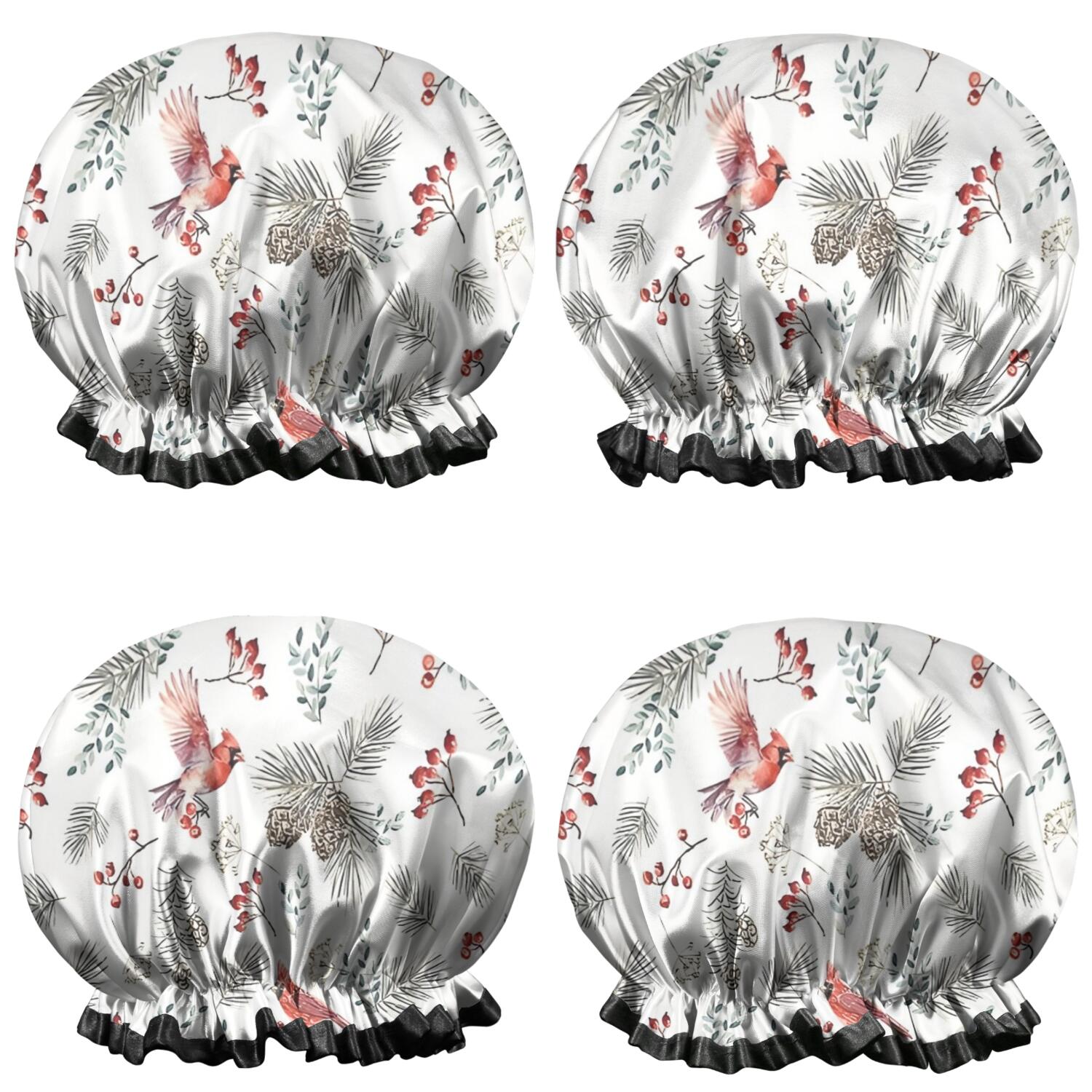 Shower Caps,White Christmas Bird and Pine Pattern Waterproof Shower Cap for Women 4 Pieces,Double Reusable Hair Cover for Shower PEVA Elastic Stretch Hem