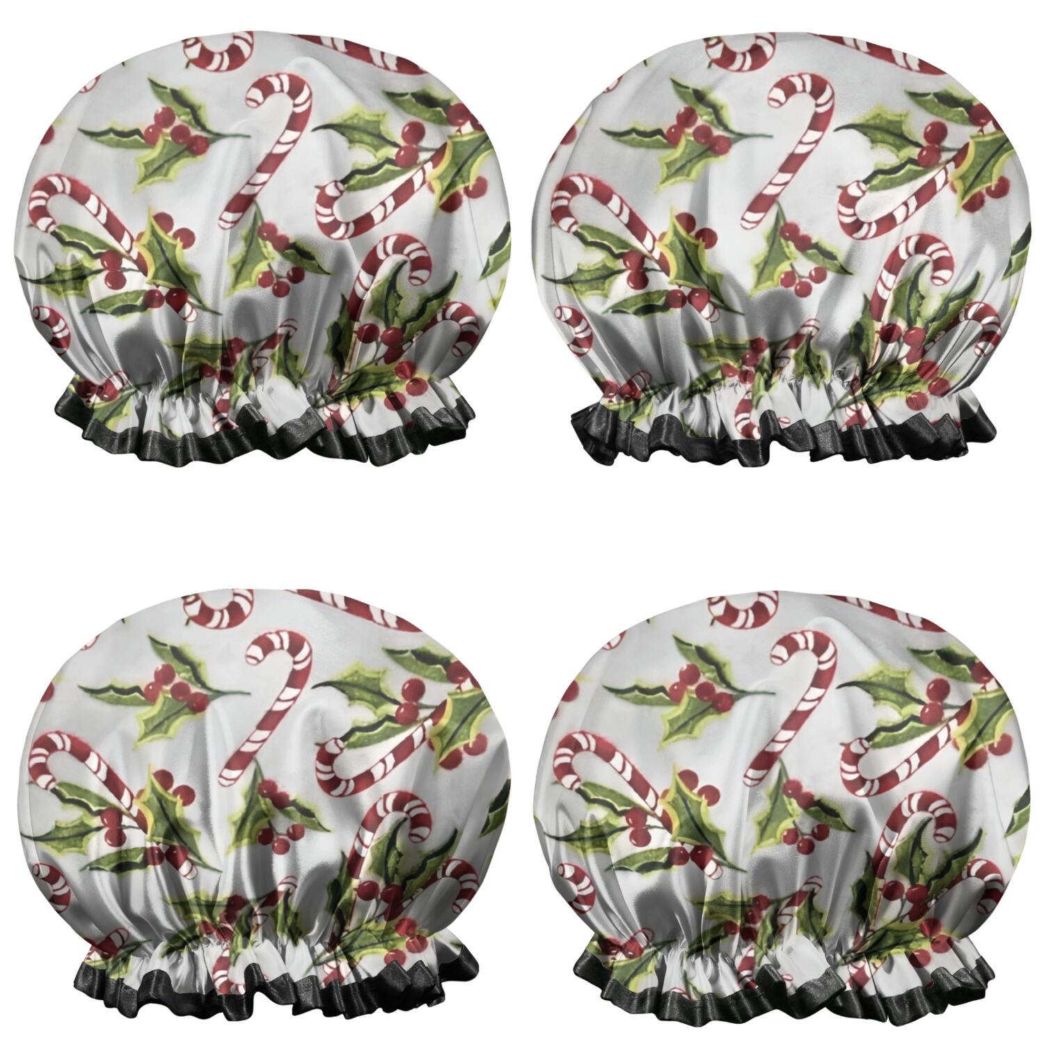 Shower Caps,White Christmas Candy Cane Pattern Waterproof Shower Cap for Women 4 Pieces,Double Reusable Hair Cover for Shower PEVA Elastic Stretch Hem