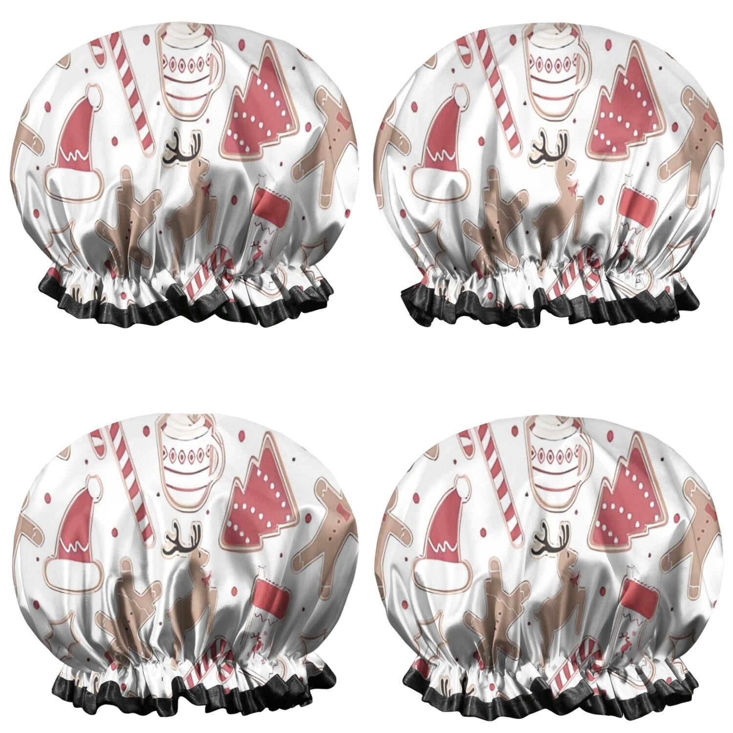 Shower Caps,White Christmas Cookie Pattern Waterproof Shower Cap for Women 4 Pieces,Double Reusable Hair Cover for Shower PEVA Elastic Stretch Hem