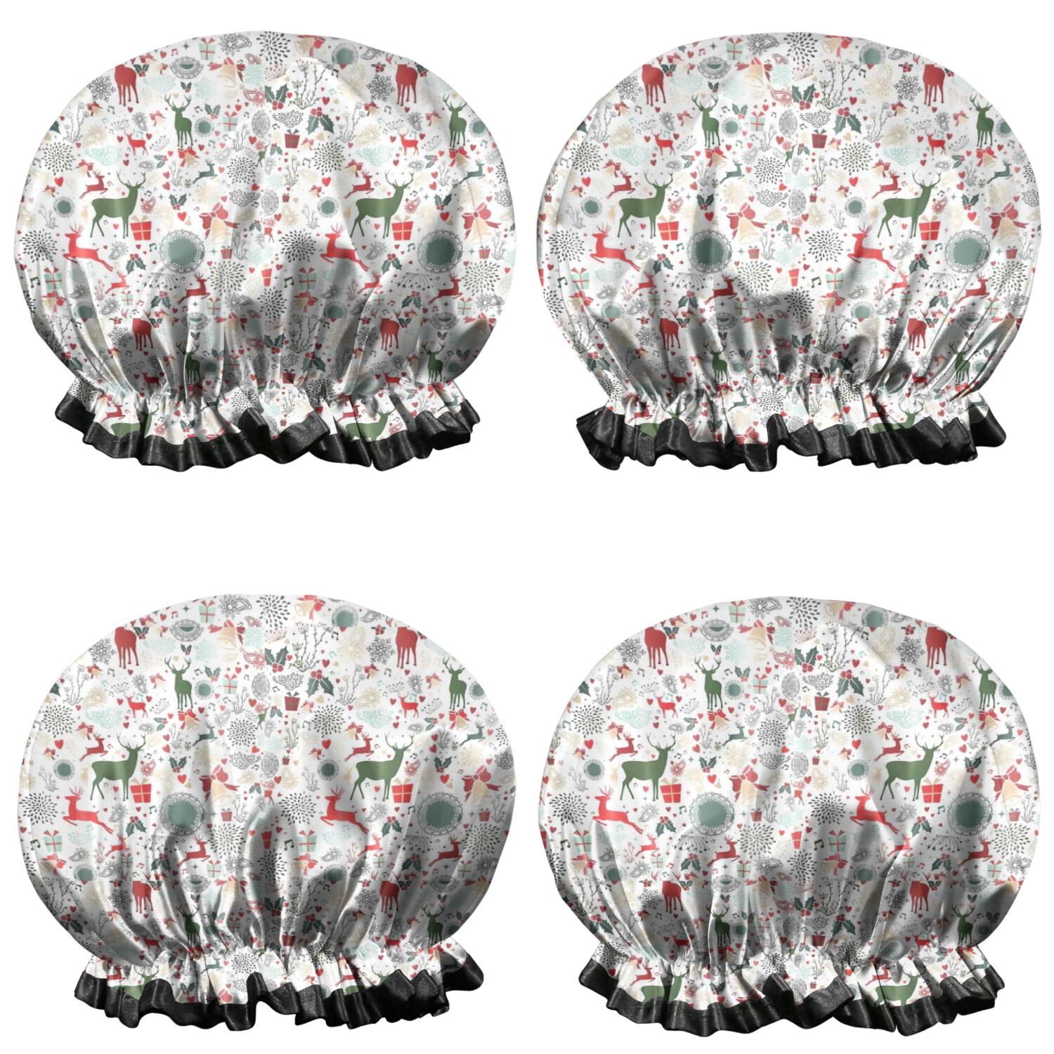 Shower Caps,White Christmas Deer and Gift Pattern Waterproof Shower Cap for Women 4 Pieces,Double Reusable Hair Cover for Shower PEVA Elastic Stretch Hem