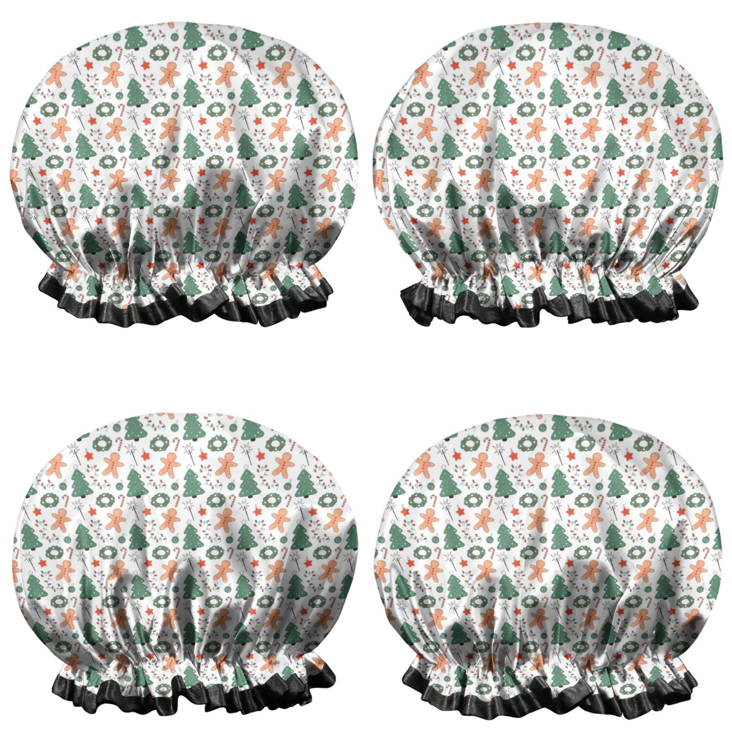Shower Caps,White Christmas Gingerbread and Tree Pattern Waterproof Shower Cap for Women 4 Pieces,Double Reusable Hair Cover for Shower PEVA Elastic Stretch Hem