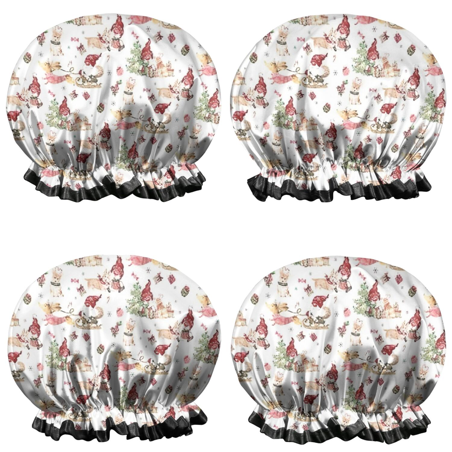 Shower Caps,White Christmas Gnome Pattern Waterproof Shower Cap for Women 4 Pieces,Double Reusable Hair Cover for Shower PEVA Elastic Stretch Hem