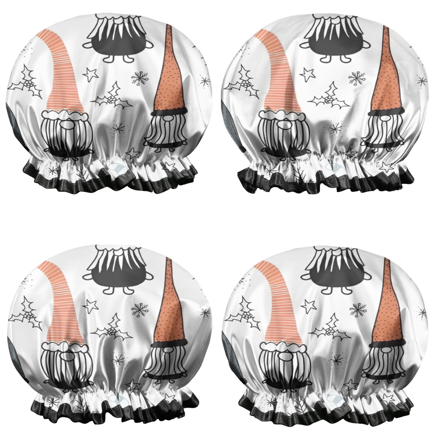 Shower Caps,White Christmas Gnome and Snowflake Pattern Waterproof Shower Cap for Women 4 Pieces,Double Reusable Hair Cover for Shower PEVA Elastic Stretch Hem