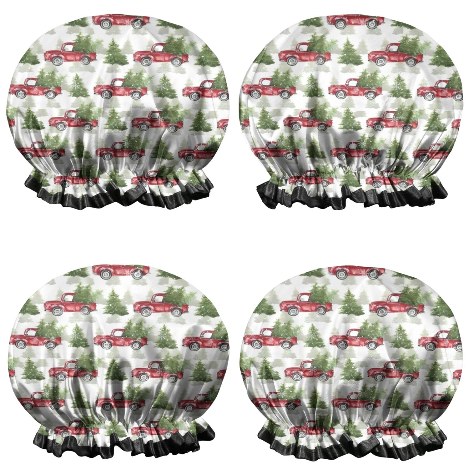 Shower Caps,White Christmas Red Truck and Tree Pattern Waterproof Shower Cap for Women 4 Pieces,Double Reusable Hair Cover for Shower PEVA Elastic Stretch Hem