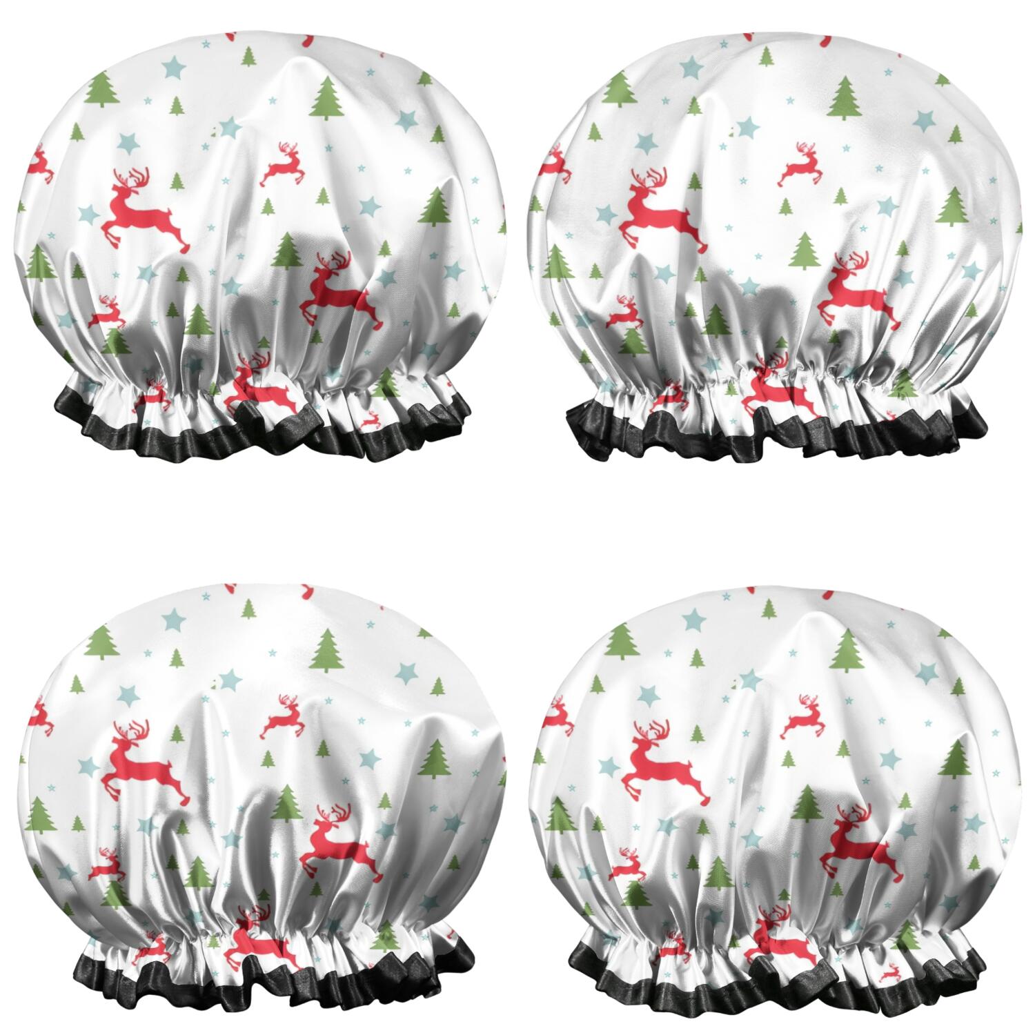 Shower Caps,White Christmas Reindeer and Tree Pattern Waterproof Shower Cap for Women 4 Pieces,Double Reusable Hair Cover for Shower PEVA Elastic Stretch Hem