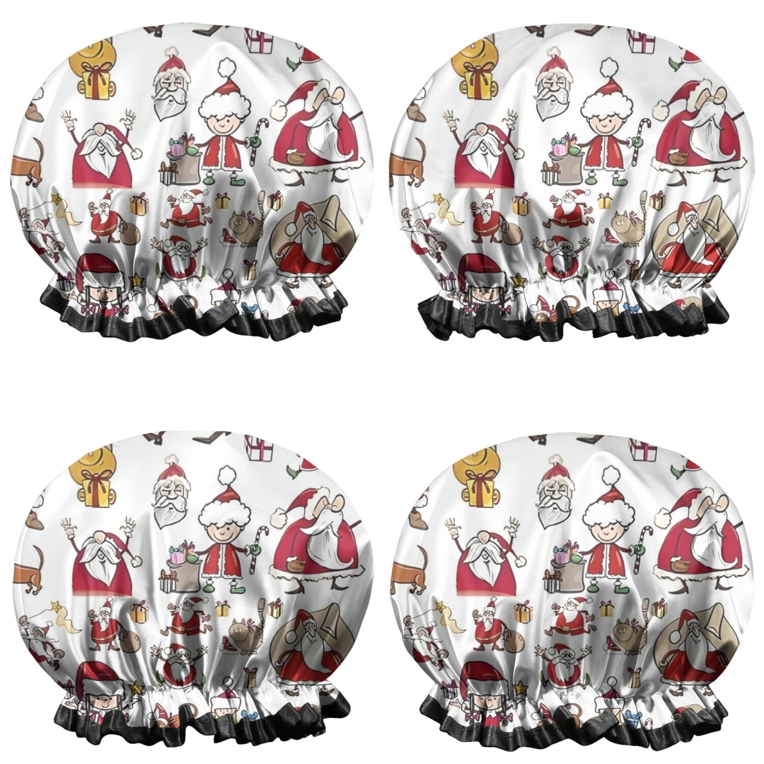 Shower Caps,White Christmas Santa and Character Pattern Waterproof Shower Cap for Women 4 Pieces,Double Reusable Hair Cover for Shower PEVA Elastic Stretch Hem