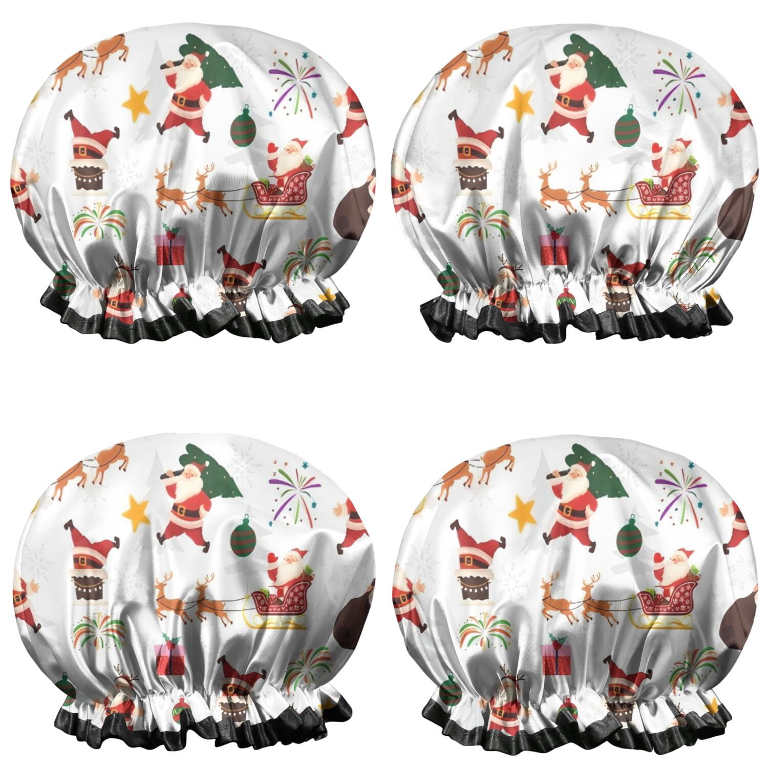 Shower Caps,White Christmas Santa and Gift Pattern Waterproof Shower Cap for Women 4 Pieces,Double Reusable Hair Cover for Shower PEVA Elastic Stretch Hem