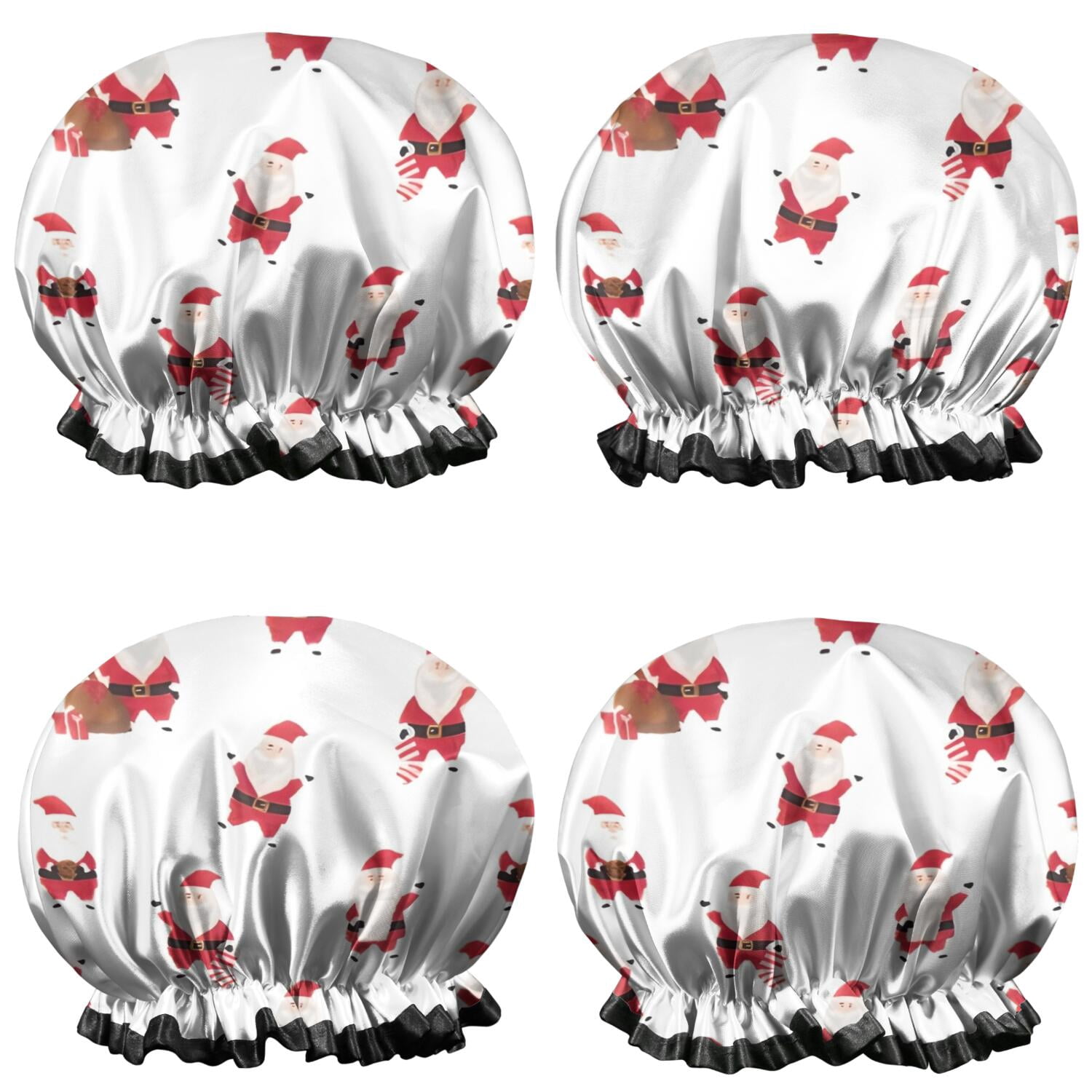 Shower Caps,White Christmas Santa Pattern Waterproof Shower Cap for Women 4 Pieces,Double Reusable Hair Cover for Shower PEVA Elastic Stretch Hem