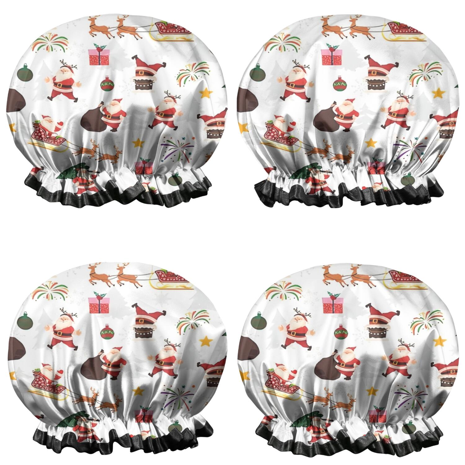 Shower Caps,White Christmas Santa Pattern Waterproof Shower Cap for Women 4 Pieces,Double Reusable Hair Cover for Shower PEVA Elastic Stretch Hem