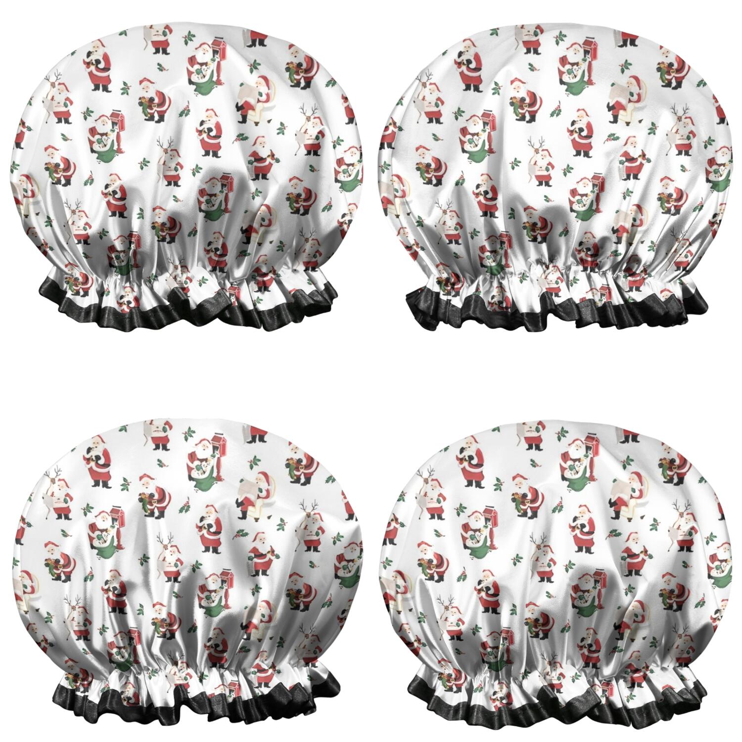 Shower Caps,White Christmas Santa Pattern Waterproof Shower Cap for Women 4 Pieces,Double Reusable Hair Cover for Shower PEVA Elastic Stretch Hem