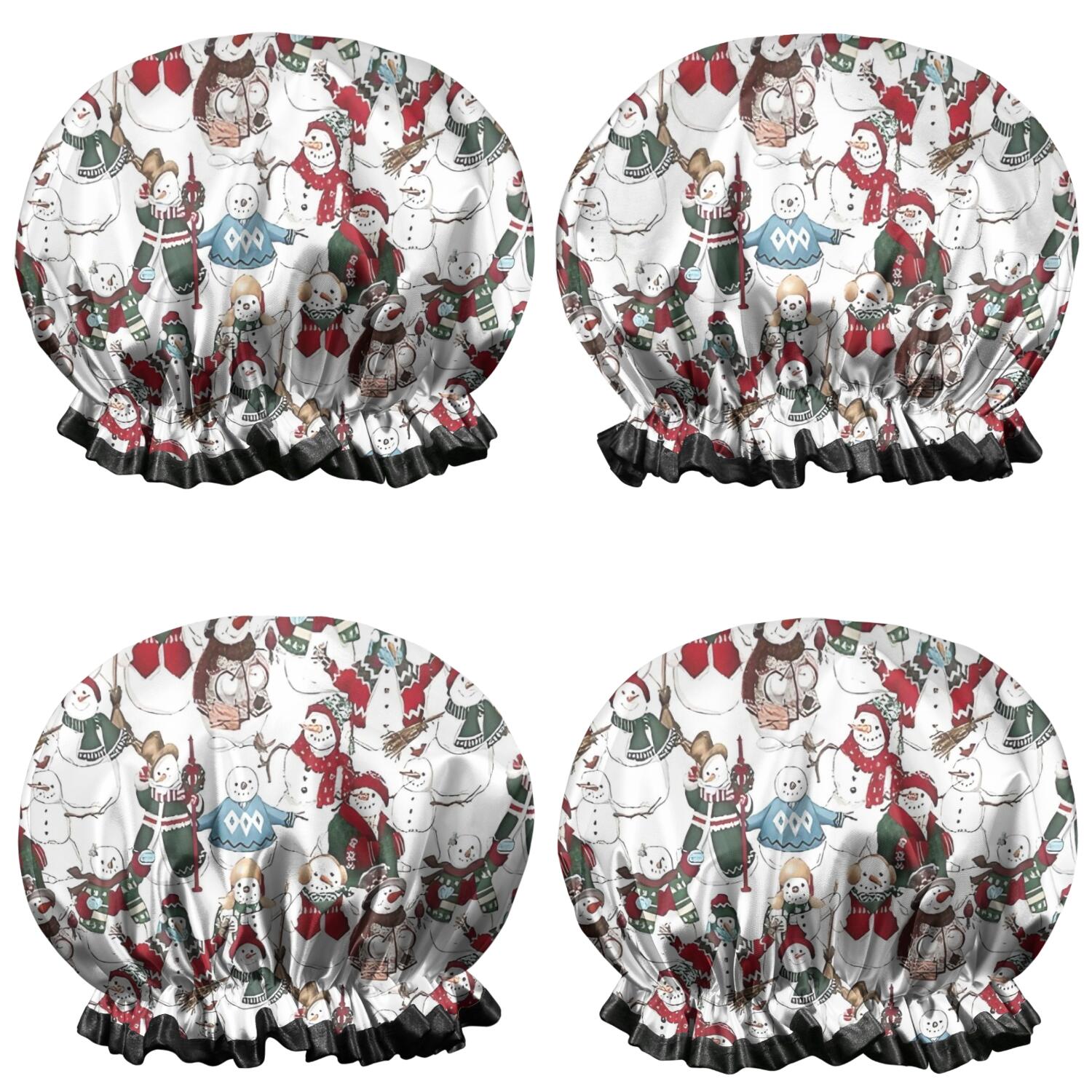 Shower Caps,White Christmas Snowman Pattern Waterproof Shower Cap for Women 4 Pieces,Double Reusable Hair Cover for Shower PEVA Elastic Stretch Hem