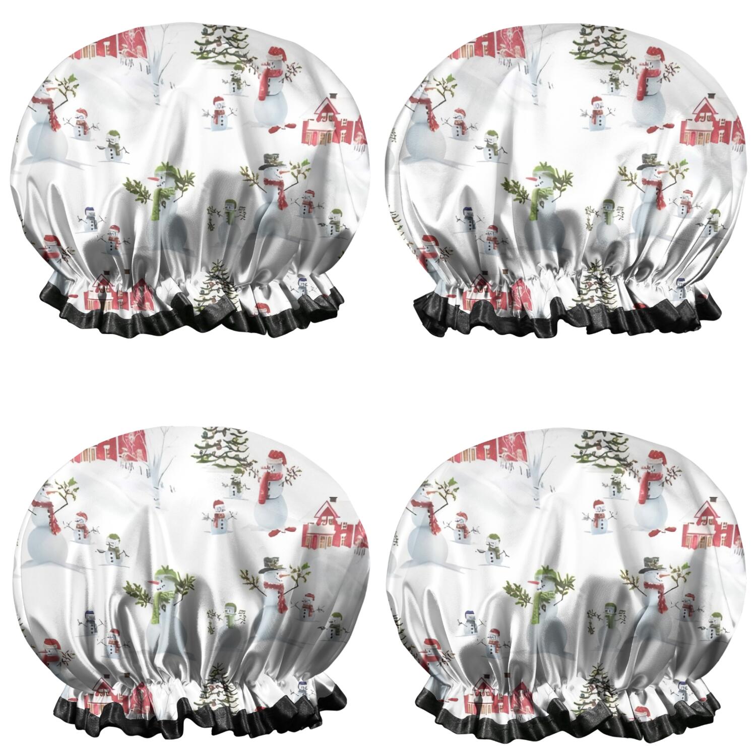 Shower Caps,White Christmas Snowman Pattern Waterproof Shower Cap for Women 4 Pieces,Double Reusable Hair Cover for Shower PEVA Elastic Stretch Hem