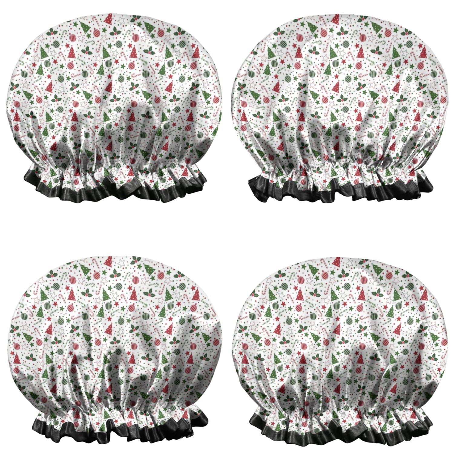 Shower Caps,White Christmas Tree and Ornament Pattern Waterproof Shower Cap for Women 4 Pieces,Double Reusable Hair Cover for Shower PEVA Elastic Stretch Hem