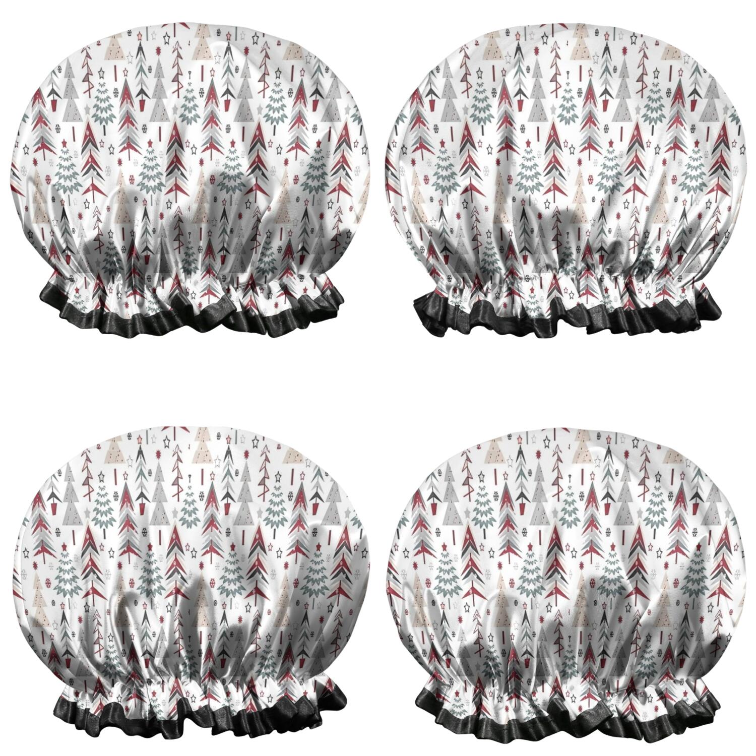 Shower Caps,White Christmas Tree Pattern Waterproof Shower Cap for Women 4 Pieces,Double Reusable Hair Cover for Shower PEVA Elastic Stretch Hem