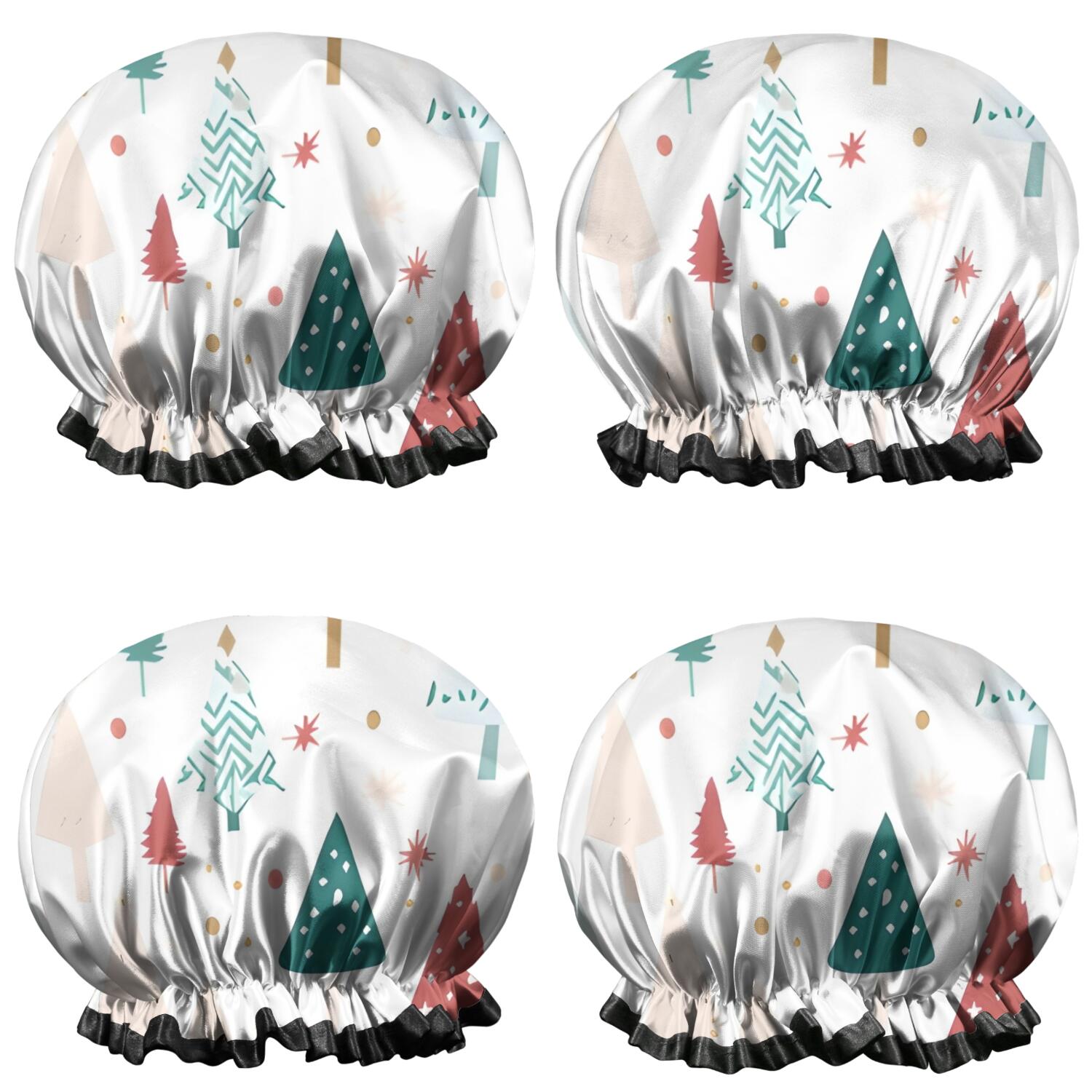 Shower Caps,White Christmas Tree Pattern Waterproof Shower Cap for Women 4 Pieces,Double Reusable Hair Cover for Shower PEVA Elastic Stretch Hem