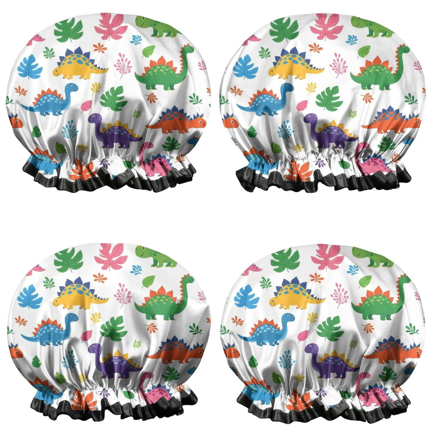 Shower Caps,White Colorful Cartoon Dinosaurs Leaves Pattern Waterproof Shower Cap for Women 4 Pieces,Double Reusable Hair Cover for Shower PEVA Elastic Stretch Hem
