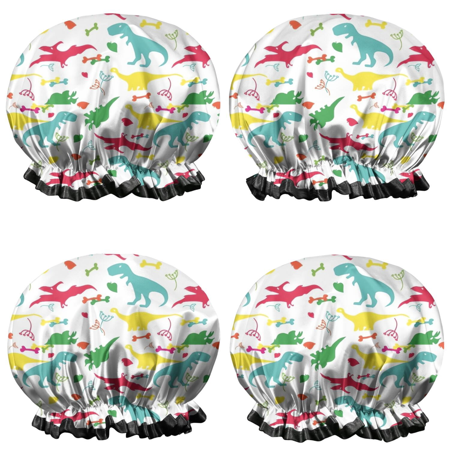 Shower Caps,White Colorful Dinosaur Decoration Pattern Waterproof Shower Cap for Women 4 Pieces,Double Reusable Hair Cover for Shower PEVA Elastic Stretch Hem