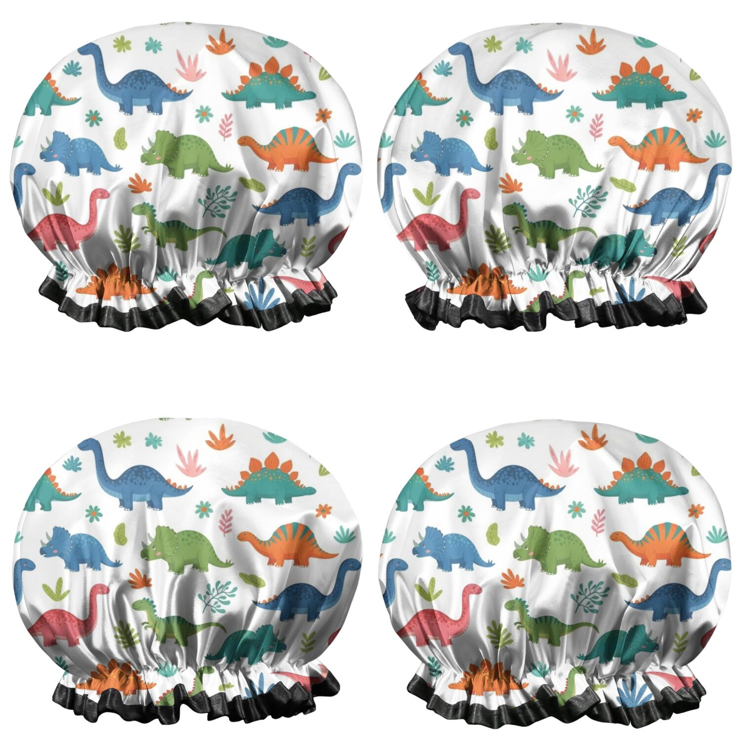Shower Caps,White Colorful Dinosaur Plant Pattern Waterproof Shower Cap for Women 4 Pieces,Double Reusable Hair Cover for Shower PEVA Elastic Stretch Hem