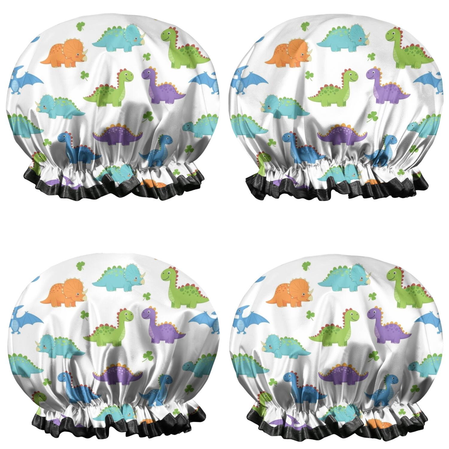Shower Caps,White Colorful Dinosaurs Clovers Pattern Waterproof Shower Cap for Women 4 Pieces,Double Reusable Hair Cover for Shower PEVA Elastic Stretch Hem