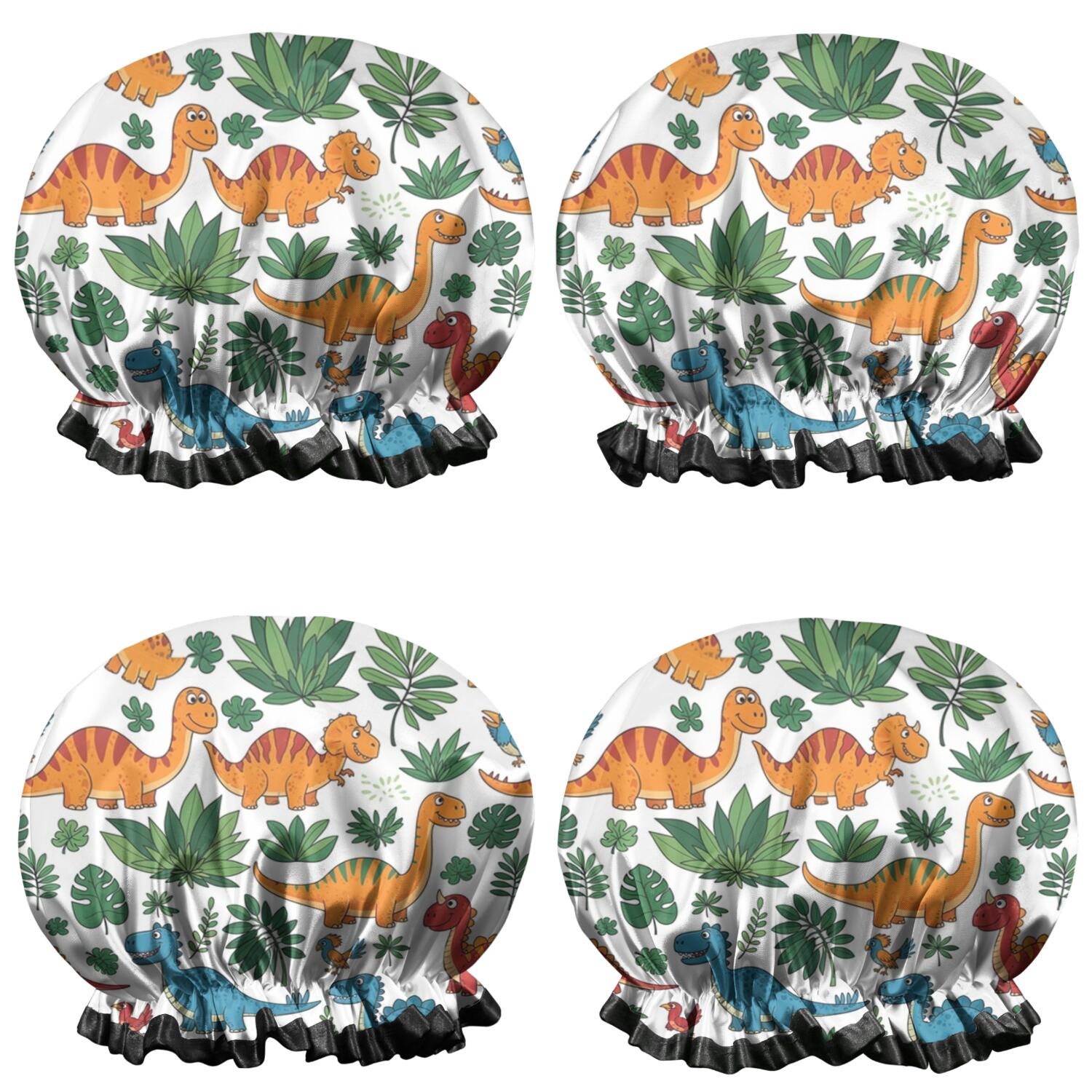 Shower Caps,White Colorful Dinosaurs Jungle Pattern Waterproof Shower Cap for Women 4 Pieces,Double Reusable Hair Cover for Shower PEVA Elastic Stretch Hem