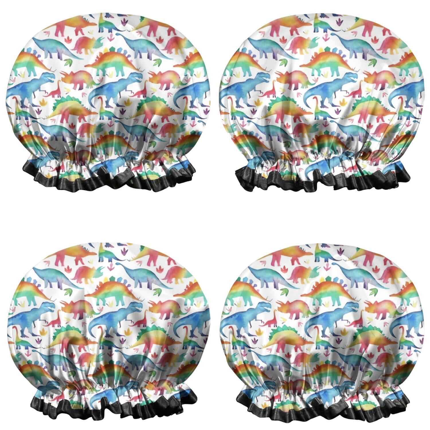 Shower Caps,White Colorful Dinosaurs Pattern Waterproof Shower Cap for Women 4 Pieces,Double Reusable Hair Cover for Shower PEVA Elastic Stretch Hem