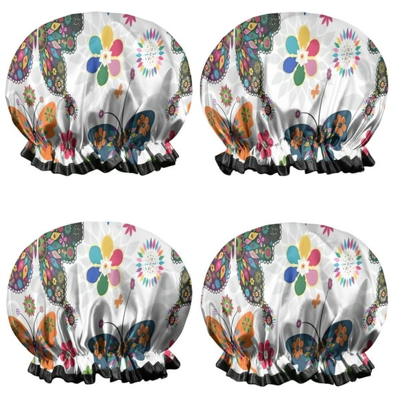 Shower Caps,White Colorful Flower Butterfly Pattern Waterproof Shower Cap for Women 4 Pieces,Double Reusable Hair Cover for Shower PEVA Elastic Stretch Hem
