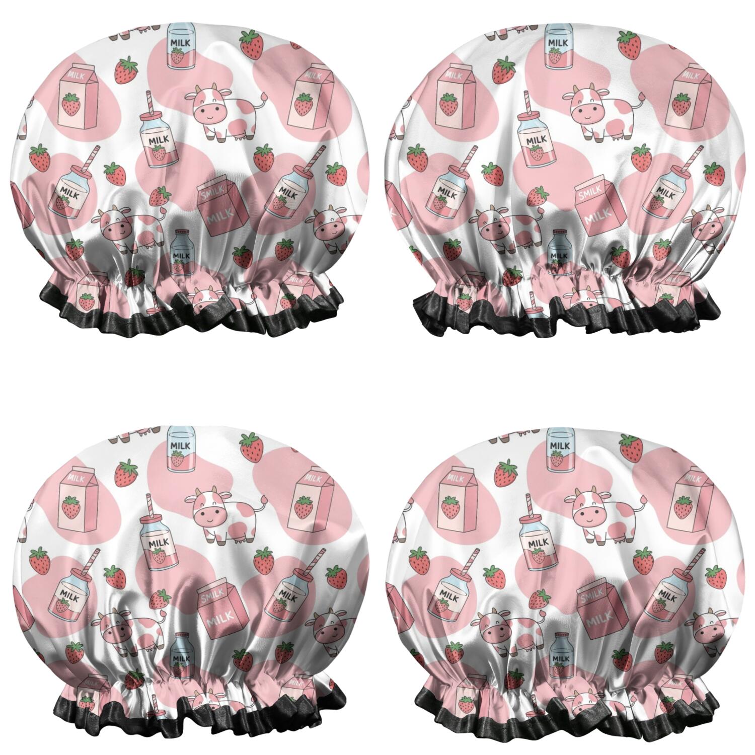 Shower Caps,White Cow Milk Strawberry Pattern Waterproof Shower Cap for Women 4 Pieces,Double Reusable Hair Cover for Shower PEVA Elastic Stretch Hem