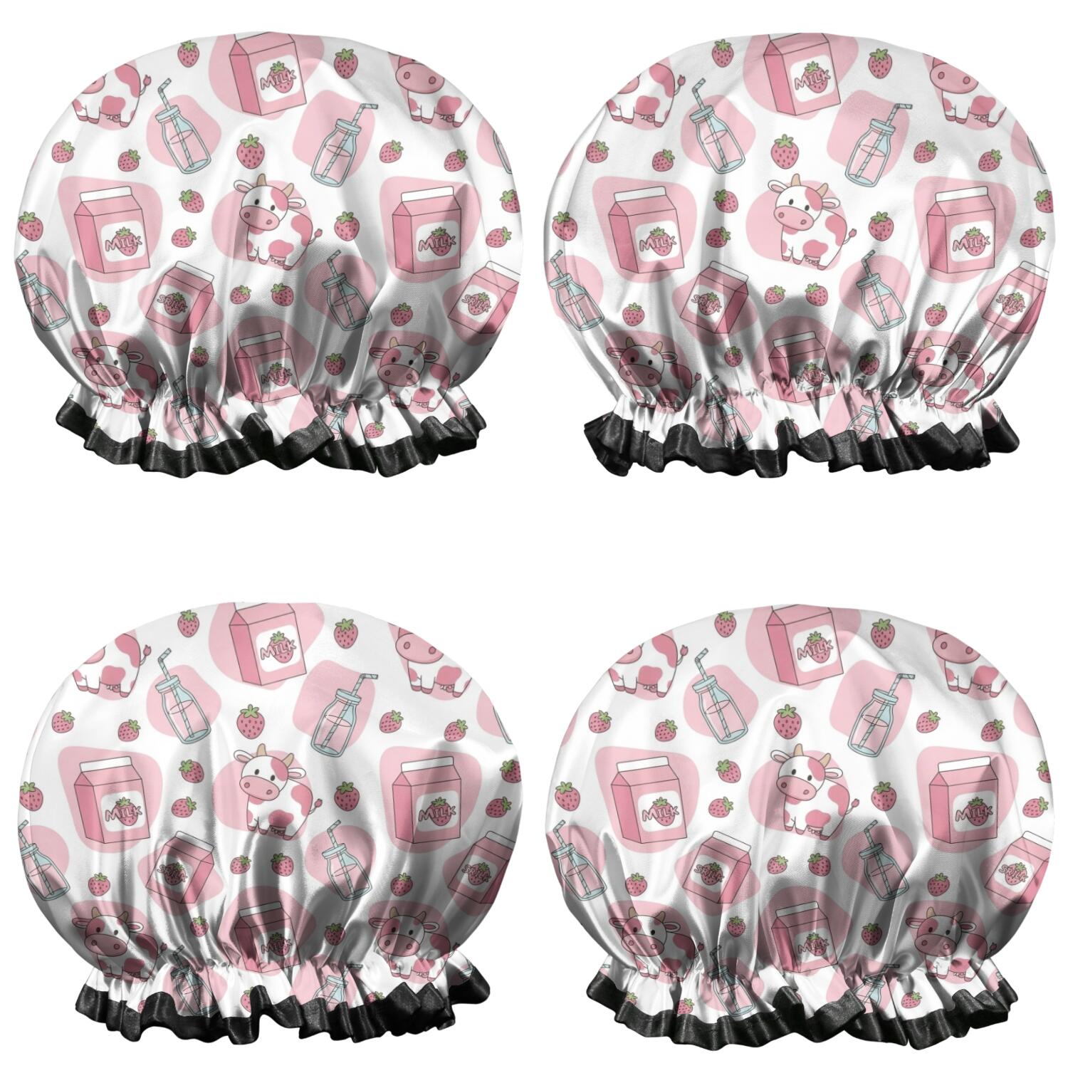 Shower Caps,White Cow Milk Strawberry Pattern Waterproof Shower Cap for Women 4 Pieces,Double Reusable Hair Cover for Shower PEVA Elastic Stretch Hem