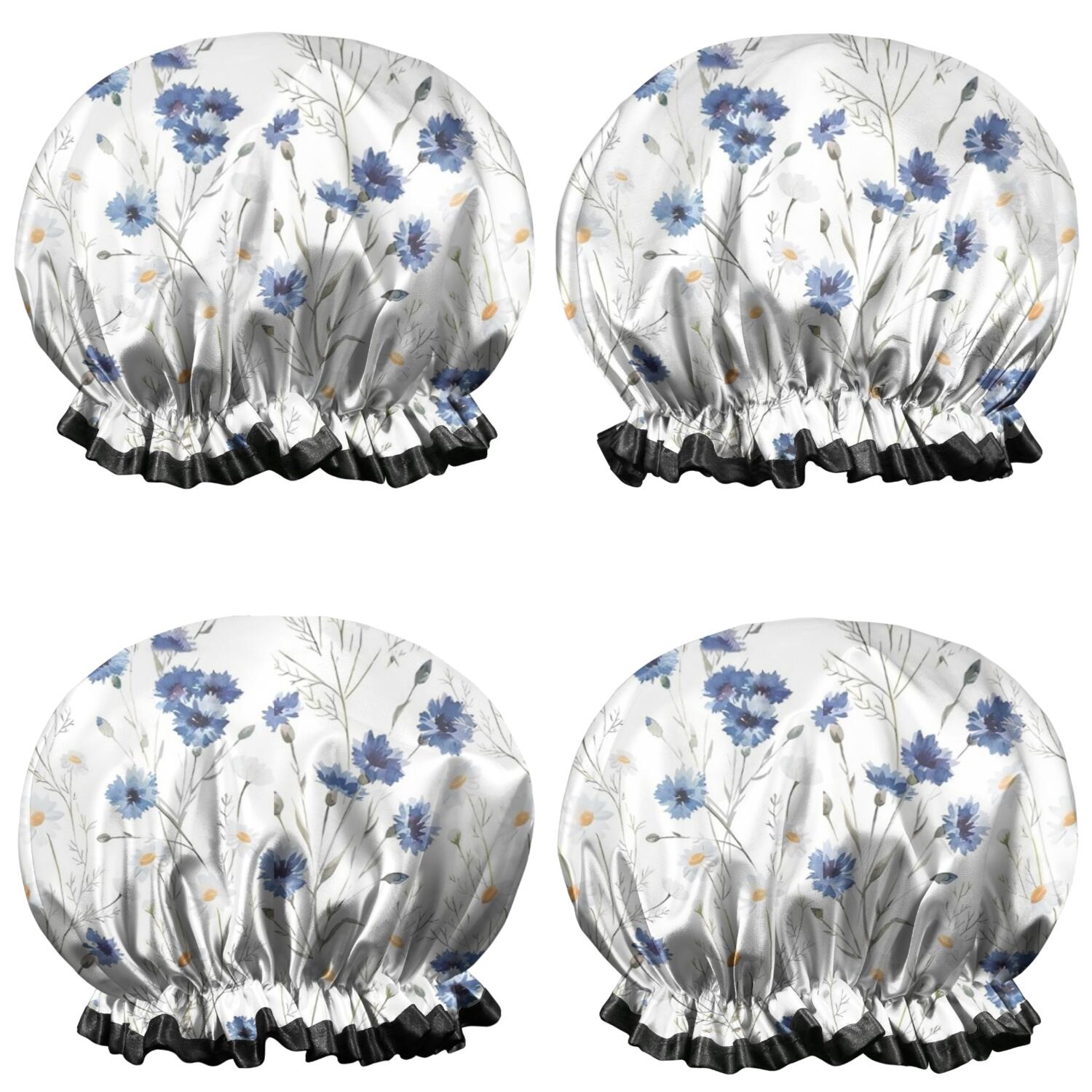 Shower Caps,White Daisy Flower Pattern Waterproof Shower Cap for Women 4 Pieces,Double Reusable Hair Cover for Shower PEVA Elastic Stretch Hem