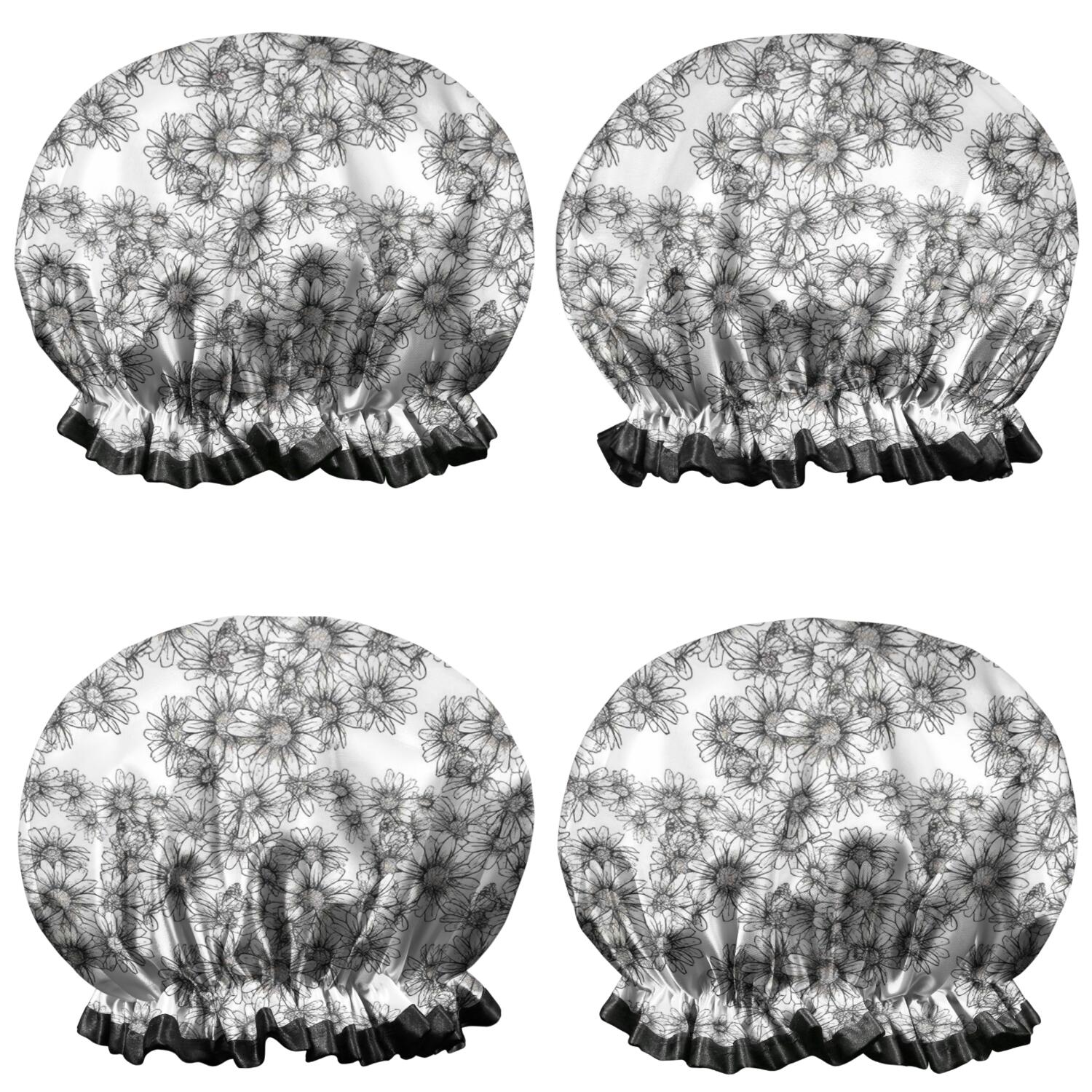 Shower Caps,White Daisy Pattern Waterproof Shower Cap for Women 4 Pieces,Double Reusable Hair Cover for Shower PEVA Elastic Stretch Hem