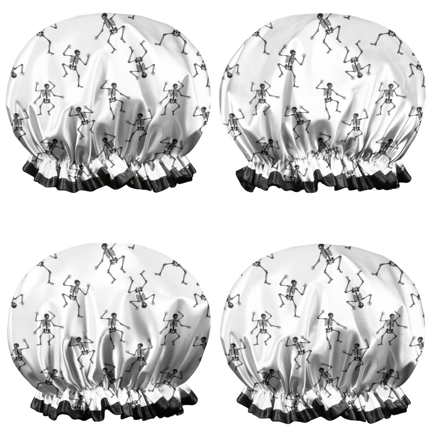 Shower Caps,White Dancing Skeleton Pattern Waterproof Shower Cap for Women 4 Pieces,Double Reusable Hair Cover for Shower PEVA Elastic Stretch Hem