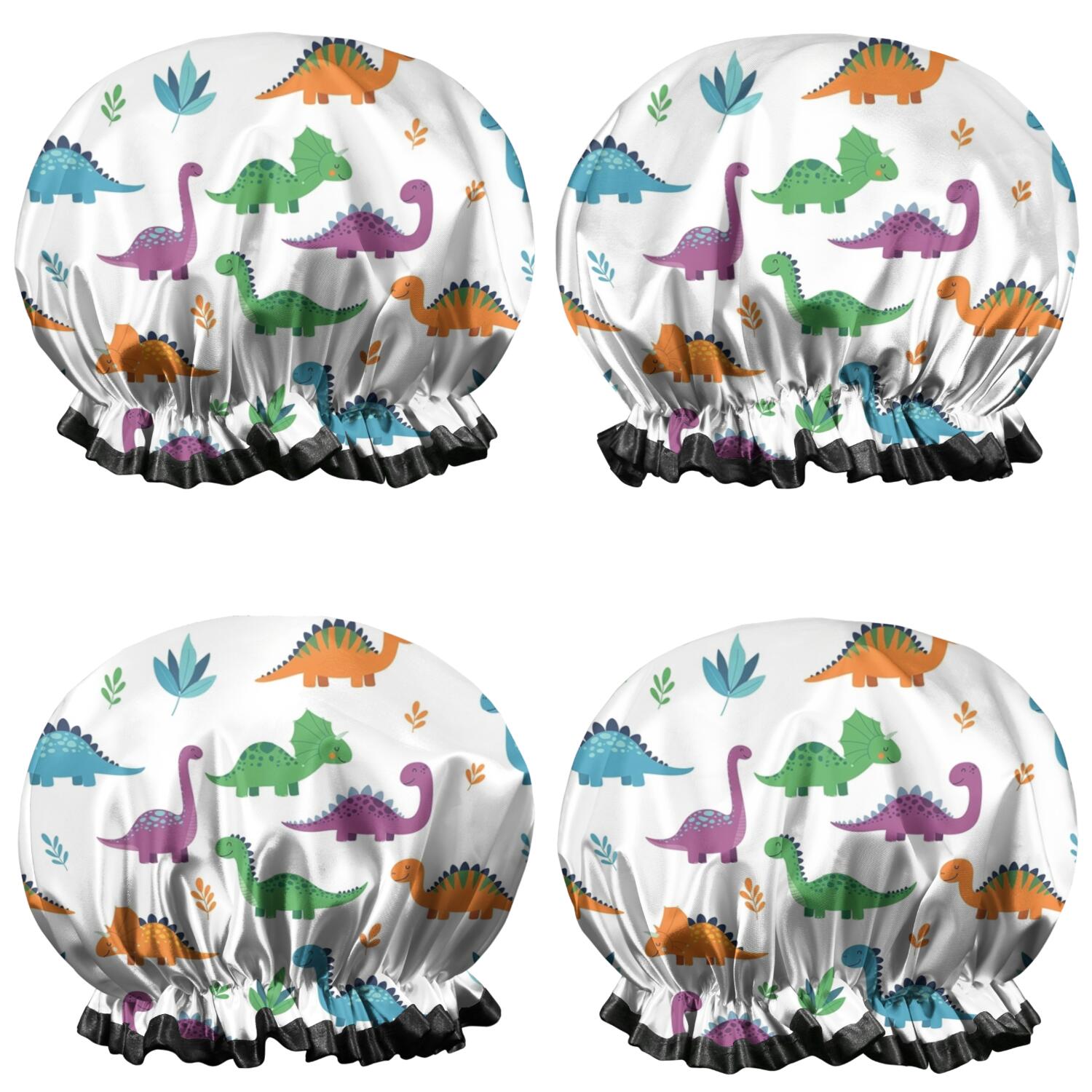Shower Caps,White Dinosaurs Colorful Leaves Pattern Waterproof Shower Cap for Women 4 Pieces,Double Reusable Hair Cover for Shower PEVA Elastic Stretch Hem