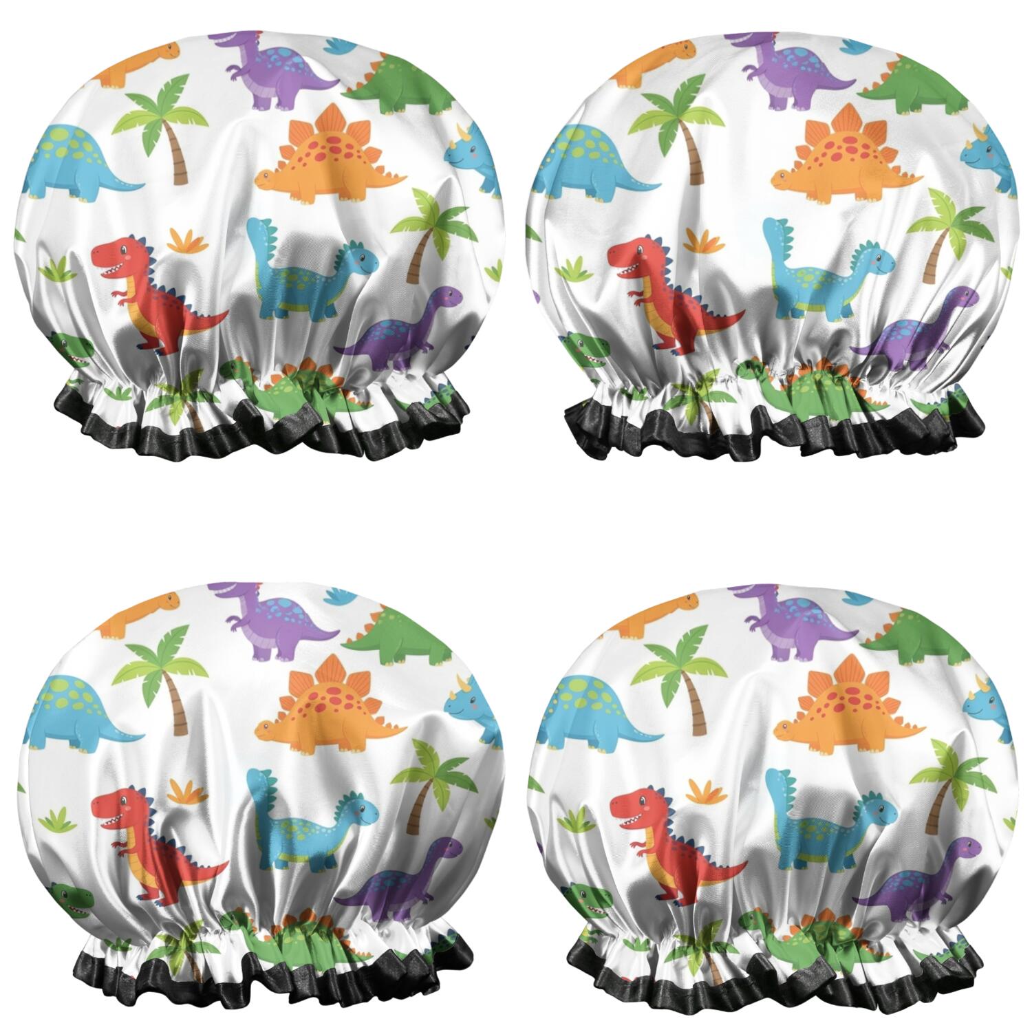 Shower Caps,White Dinosaurs Colorful Species Palms Pattern Waterproof Shower Cap for Women 4 Pieces,Double Reusable Hair Cover for Shower PEVA Elastic Stretch Hem