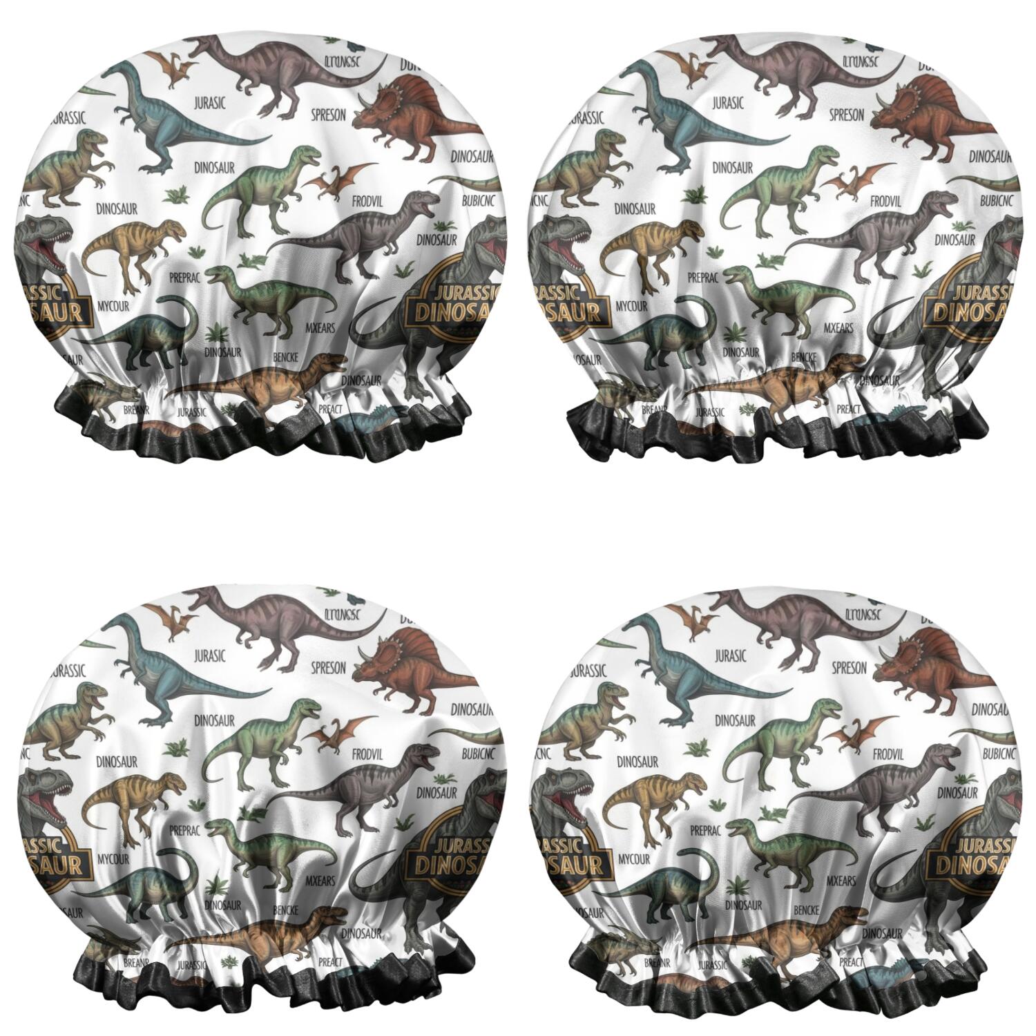 Shower Caps,White Dinosaurs Label Pattern Waterproof Shower Cap for Women 4 Pieces,Double Reusable Hair Cover for Shower PEVA Elastic Stretch Hem